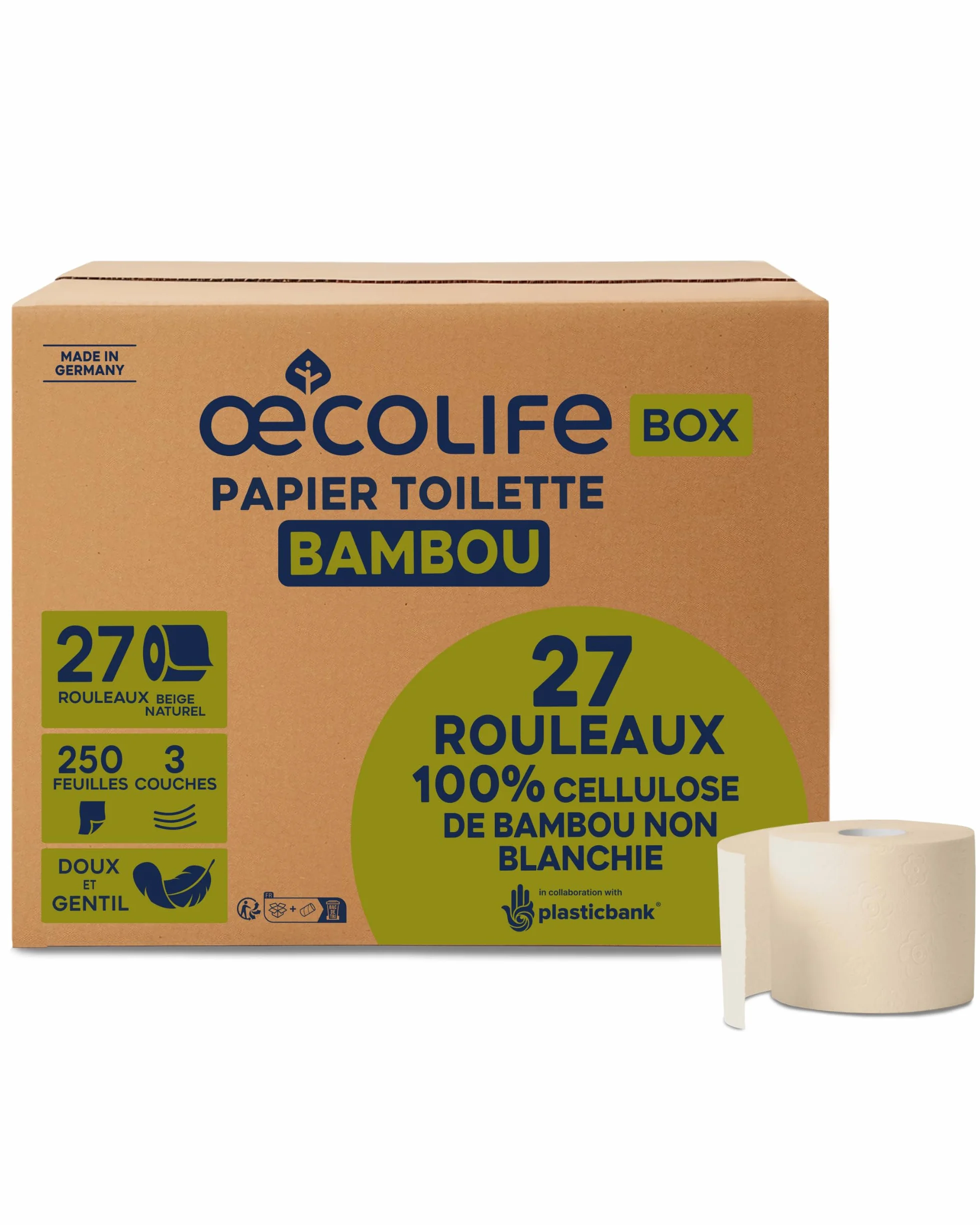 œcolife papier toilette bambou, 3 couches, 27 rouleaux x 250 feuilles, emballage en vrac, super doux, sans plastique, papier hygiénique, végétalien, papier toilette durable