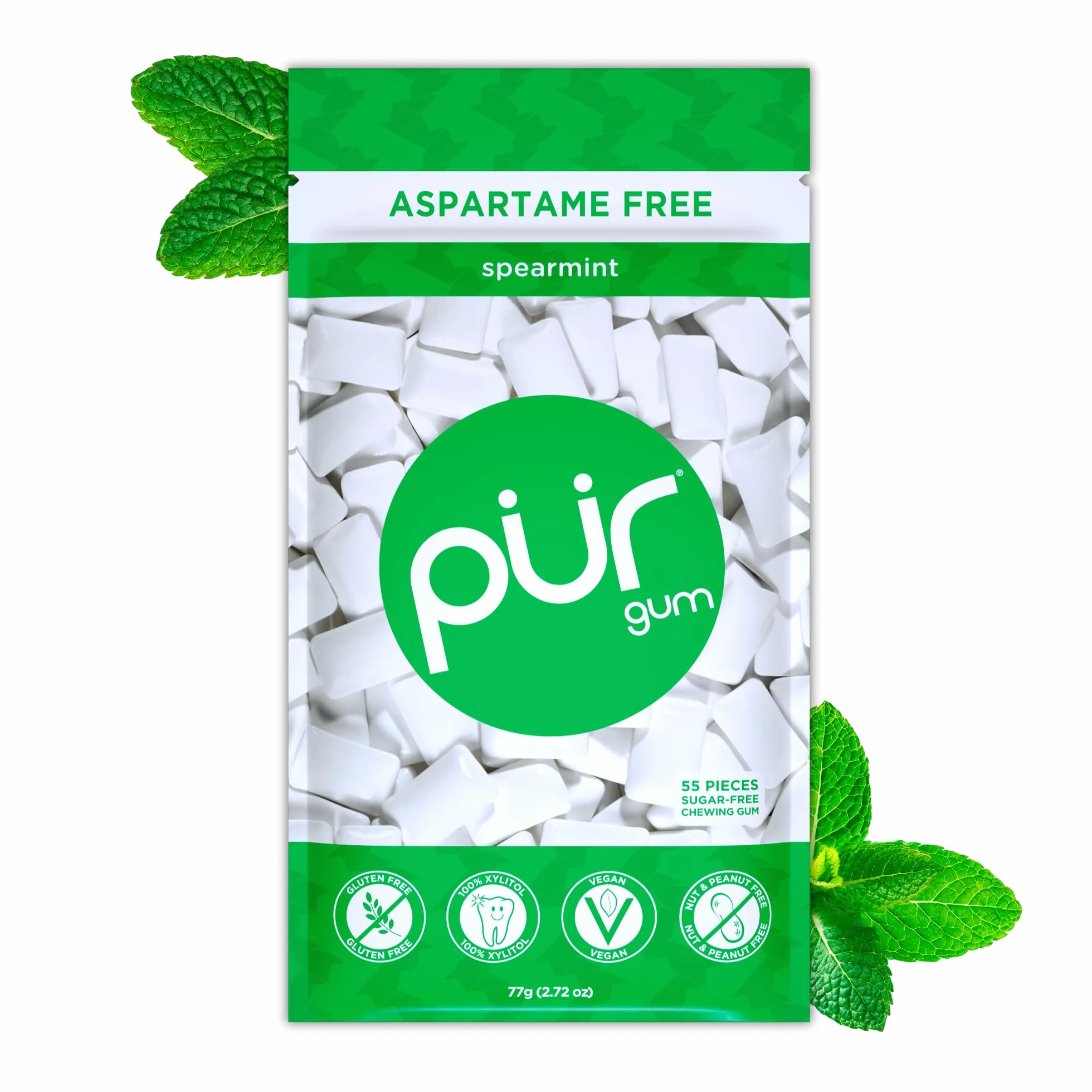 PUR Gum Sans Sucre Au Xylitol Végétalien Sans Aspartame Sans Gluten Goût Spearmint 55 Pièces