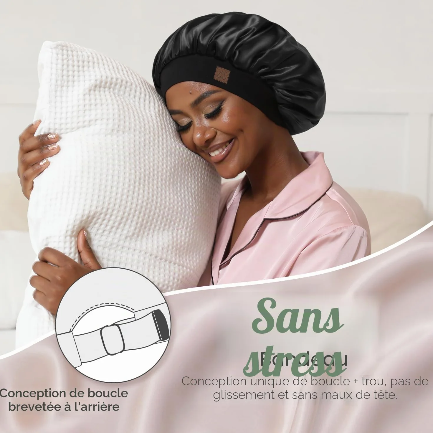 Bonnet Satin Soie Cheveux Nuit Double Couche Bande réglable pour Femme Homme