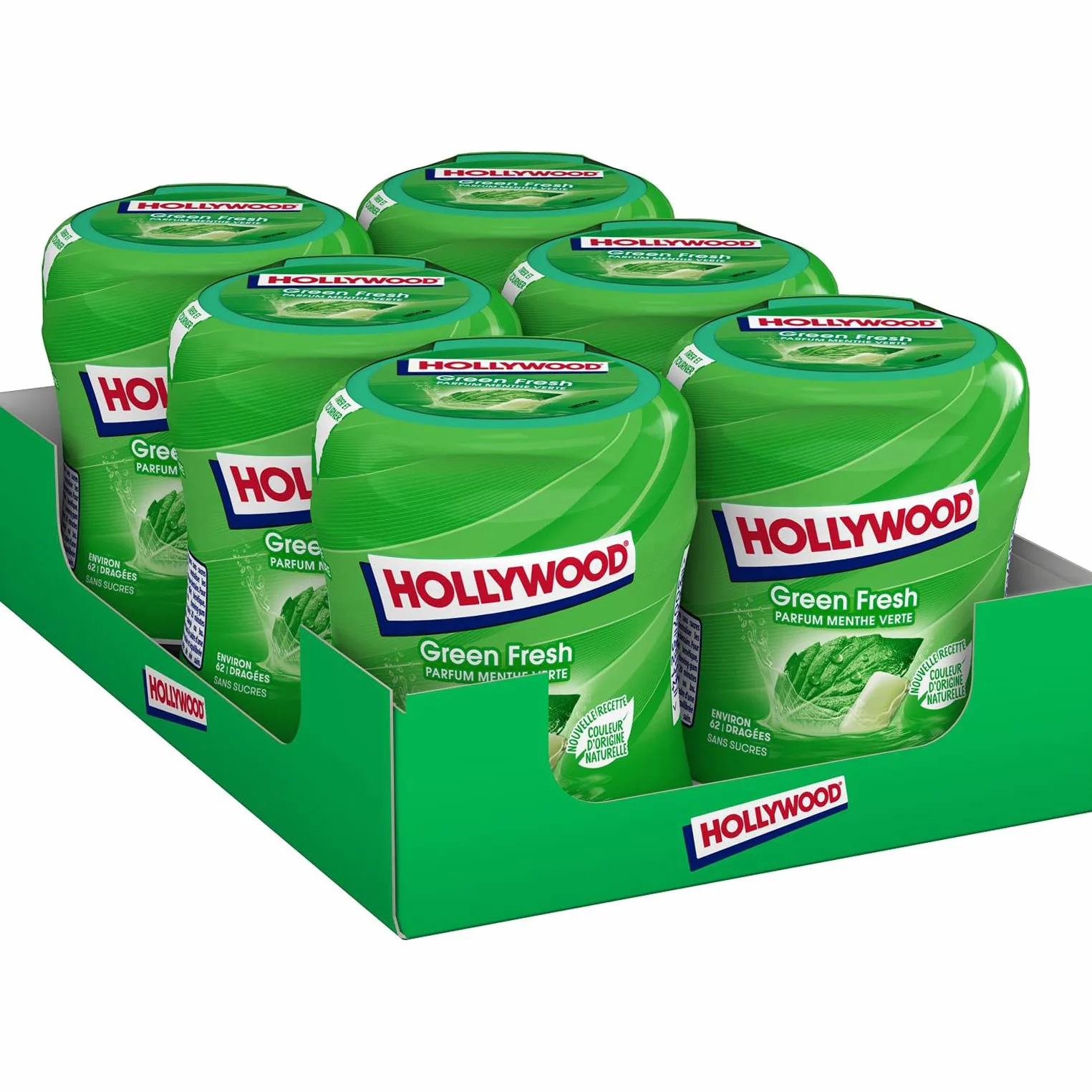 Hollywood Chewing Gum Green Fresh Parfum Menthe Verte Sans Sucres Lot de 6 boîtes 60 dragées 87 g
