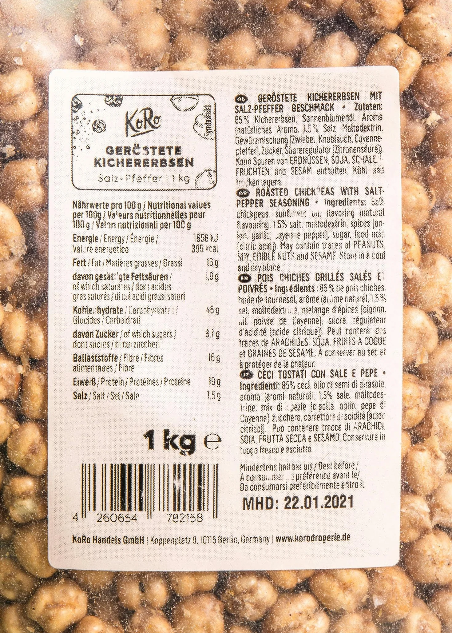 KoRo - Pois chiches grillés salés et poivrés - 1 kg - source de protéines et de fibres - sans colorants ni conservateurs artificiels