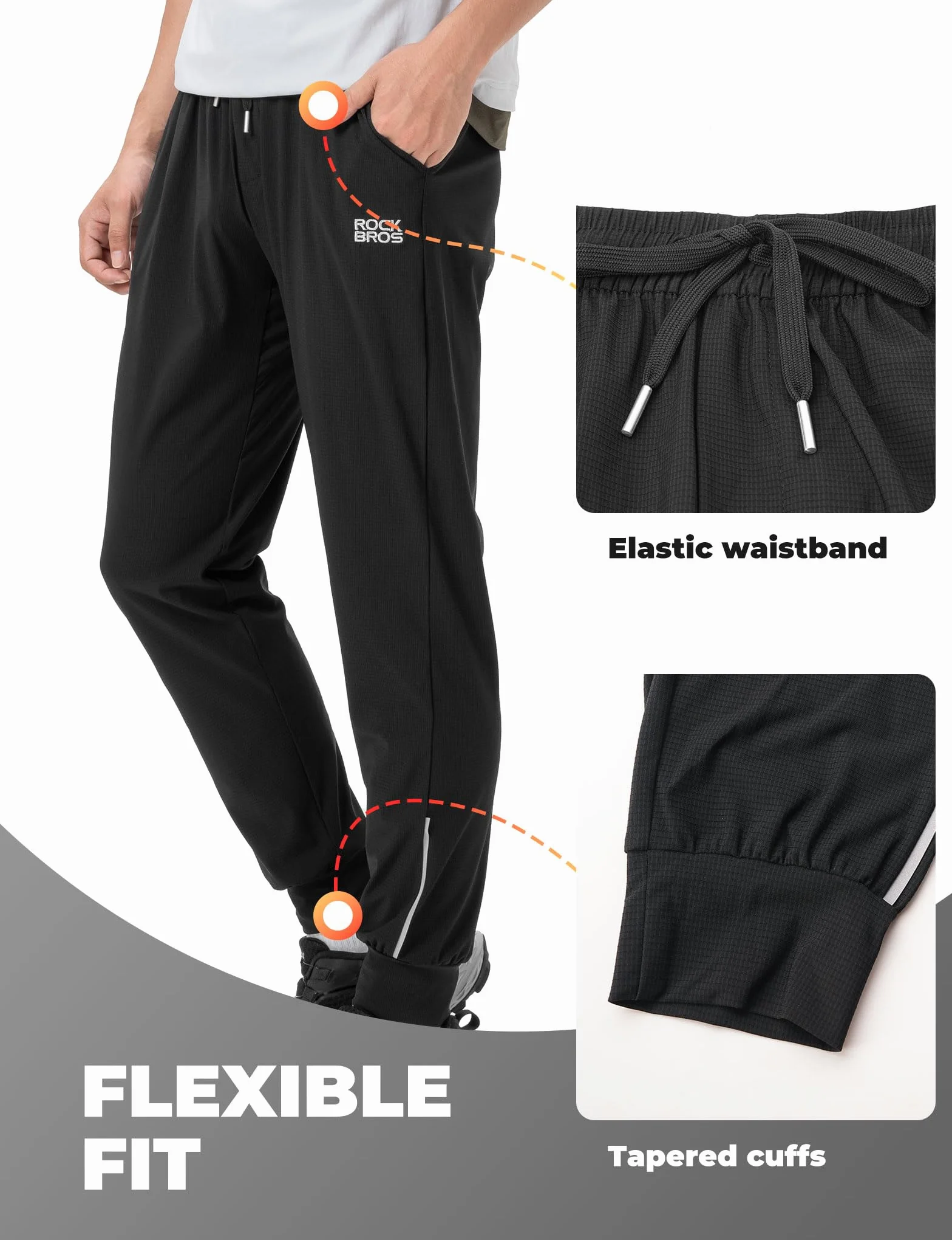 ROCKBROS Pantalon Long Homme Léger Respirant Séchage Rapide Déperlant Cyclisme Course Randonnée Noir