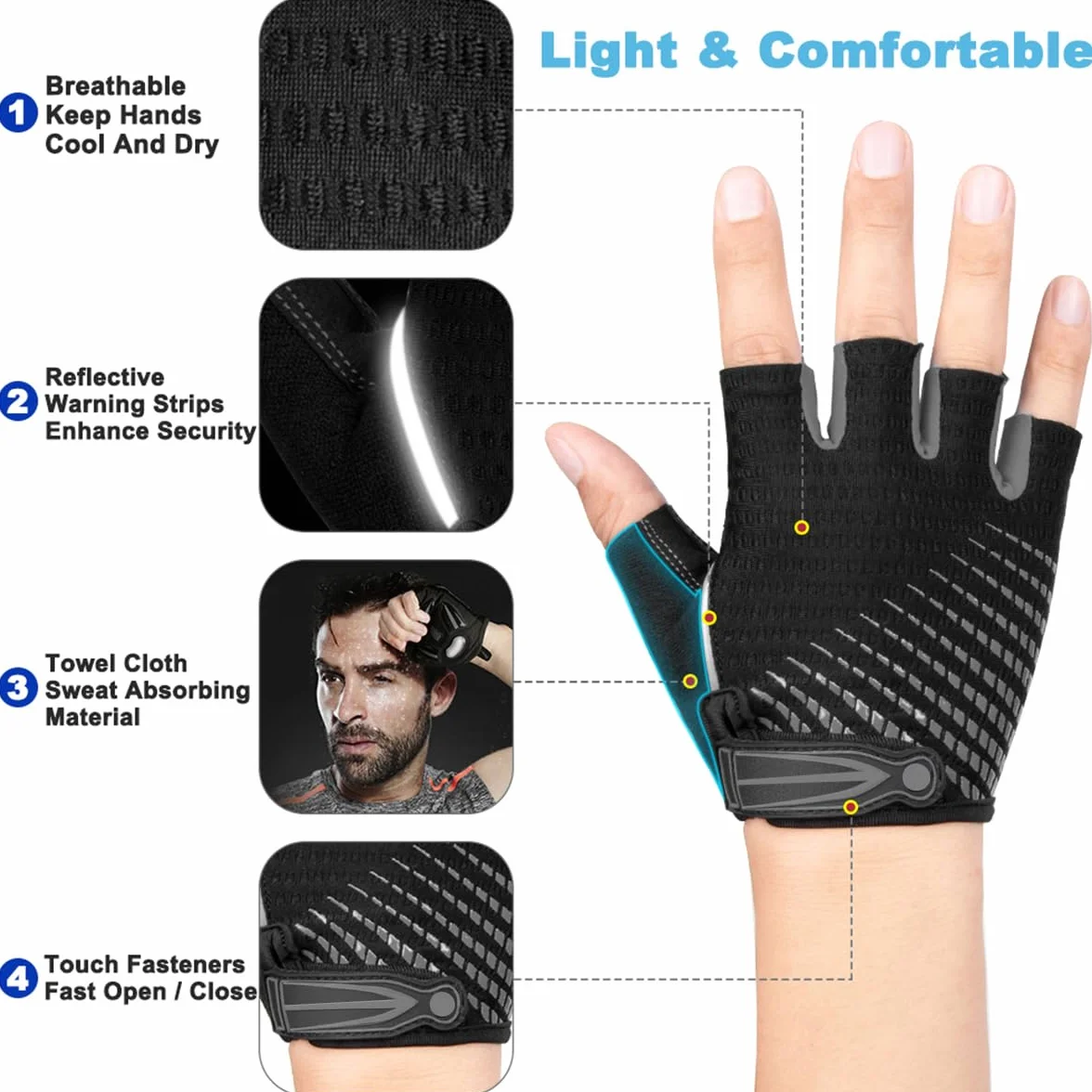 LUROON Gants Cyclisme Demi Doigt Gant Réfléchissant Gel Bicyclette Courts Homme Femme VTT Moto