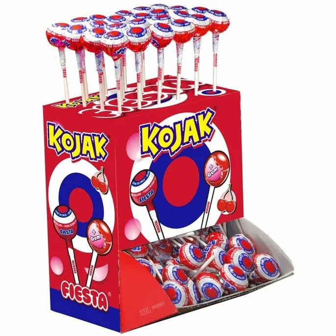 Fiesta Sucette Kojak fourrée Bubble Gum Cerise. Boite présentoir de 100