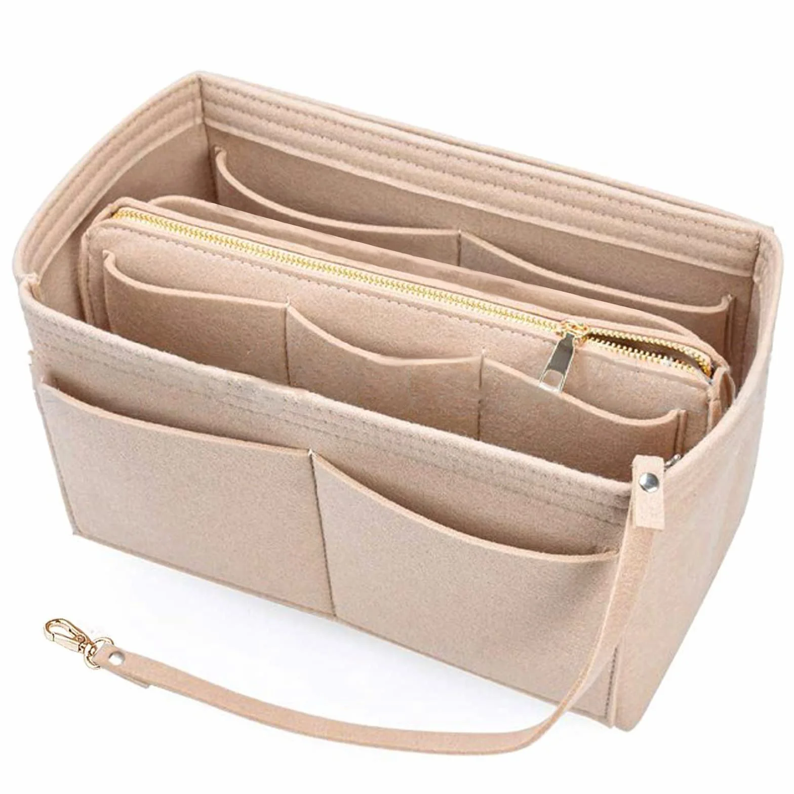 NEPAK Organisateur de Sac à Main en Feutre, Sac de Rangement Intérieur Bag in Bag pour Femmes avec Fermeture éclair (Beige, S)
