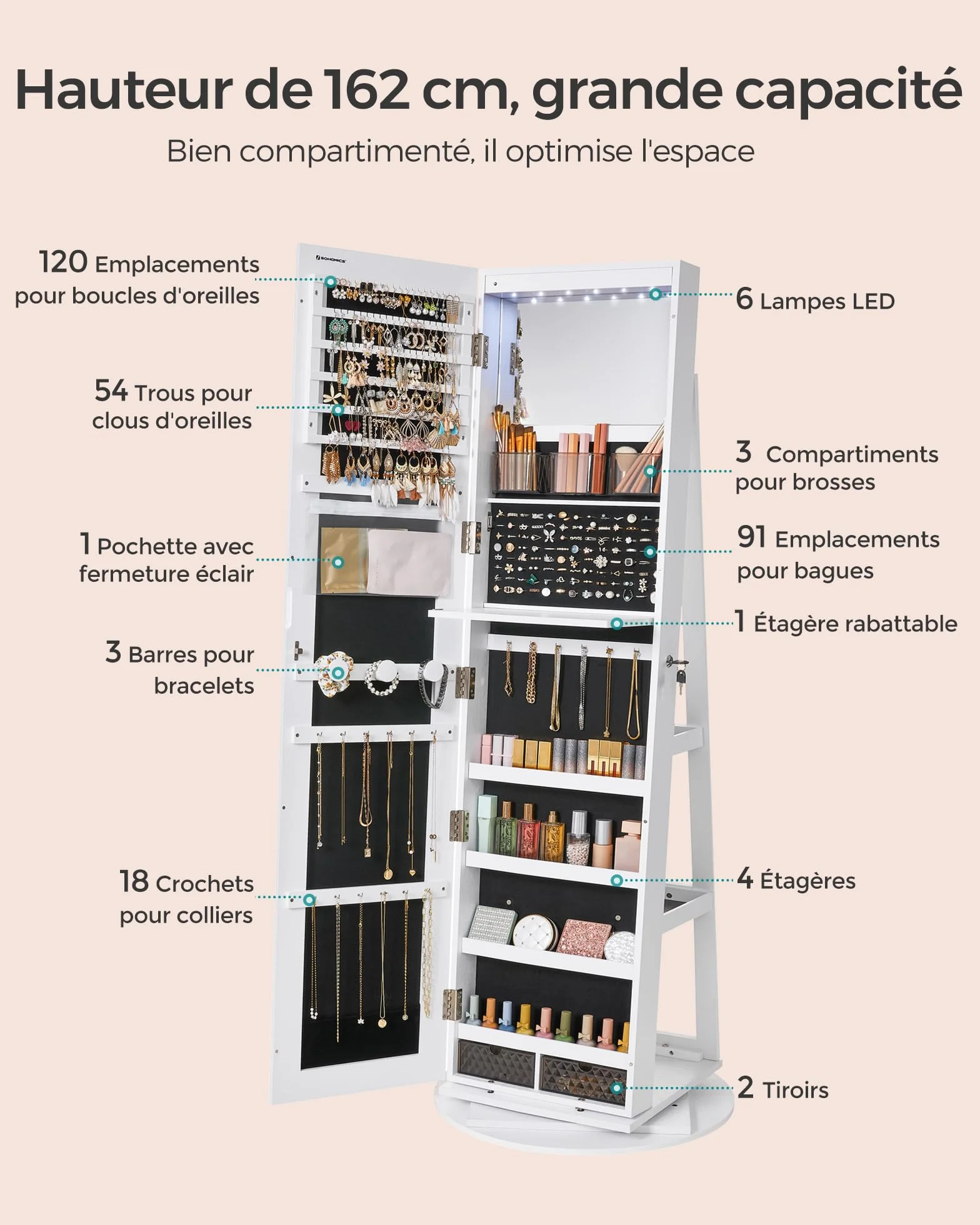SONGMICS Armoire à Bijoux avec Miroir sur Pieds, Verrouillable, 6 LED, Pivotant 360°, 3 Étagères, Blanc, Noir