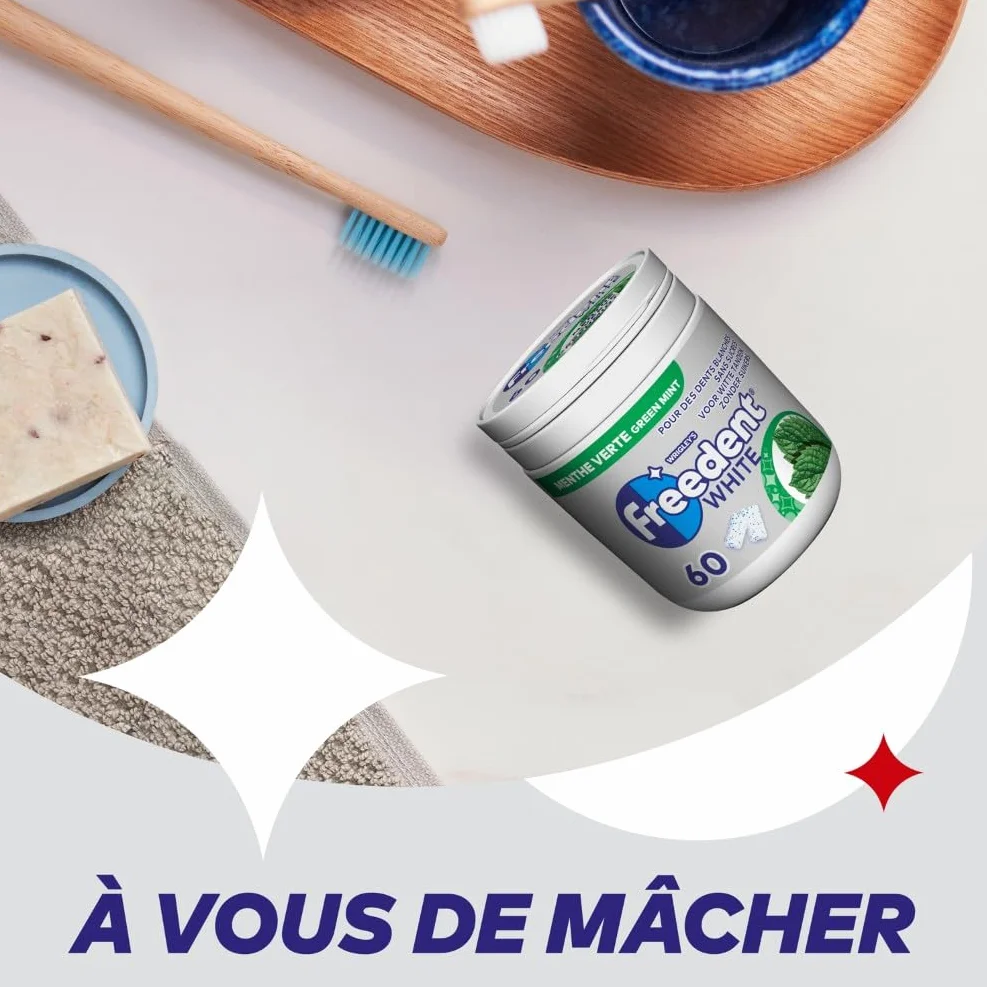 FREEDENT WHITE Chewing Gum Sans Sucre Goût Menthe Verte 1 Boîte 60 Dragées Grand Format