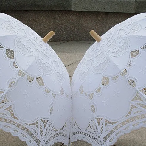 Ombrelle de mariage victorienne avec broderie en dentelle Blanc 80 cm