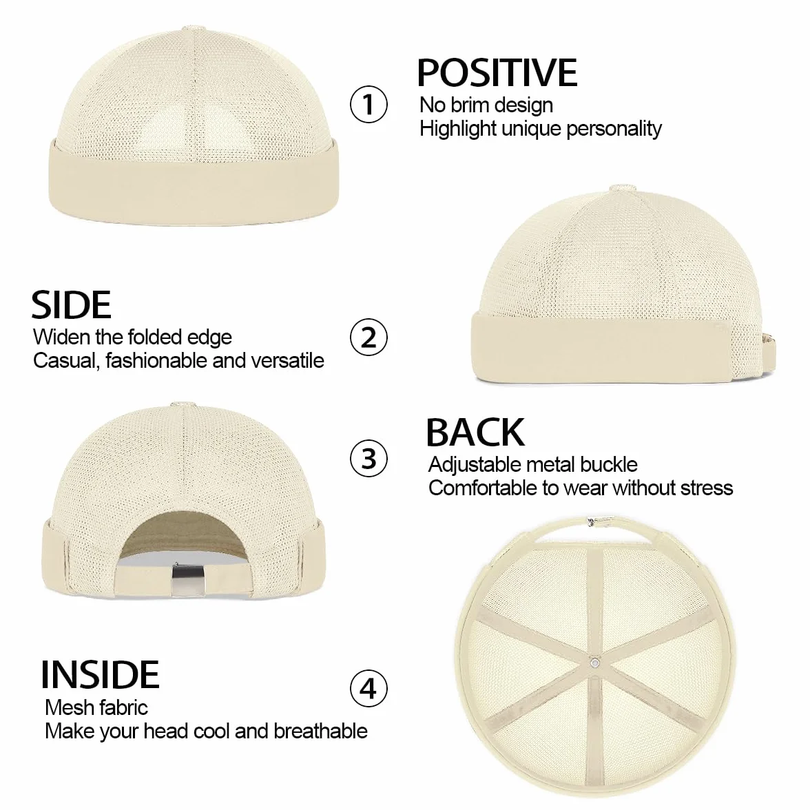 Enwokran Bonnet Docker Été Maille sans Bord Visiere Casquette Skullcap Travailleur Chapeau Réglable Casquette de Marinrier Roulé Cuff Retro Beanie Hat pour Homme
