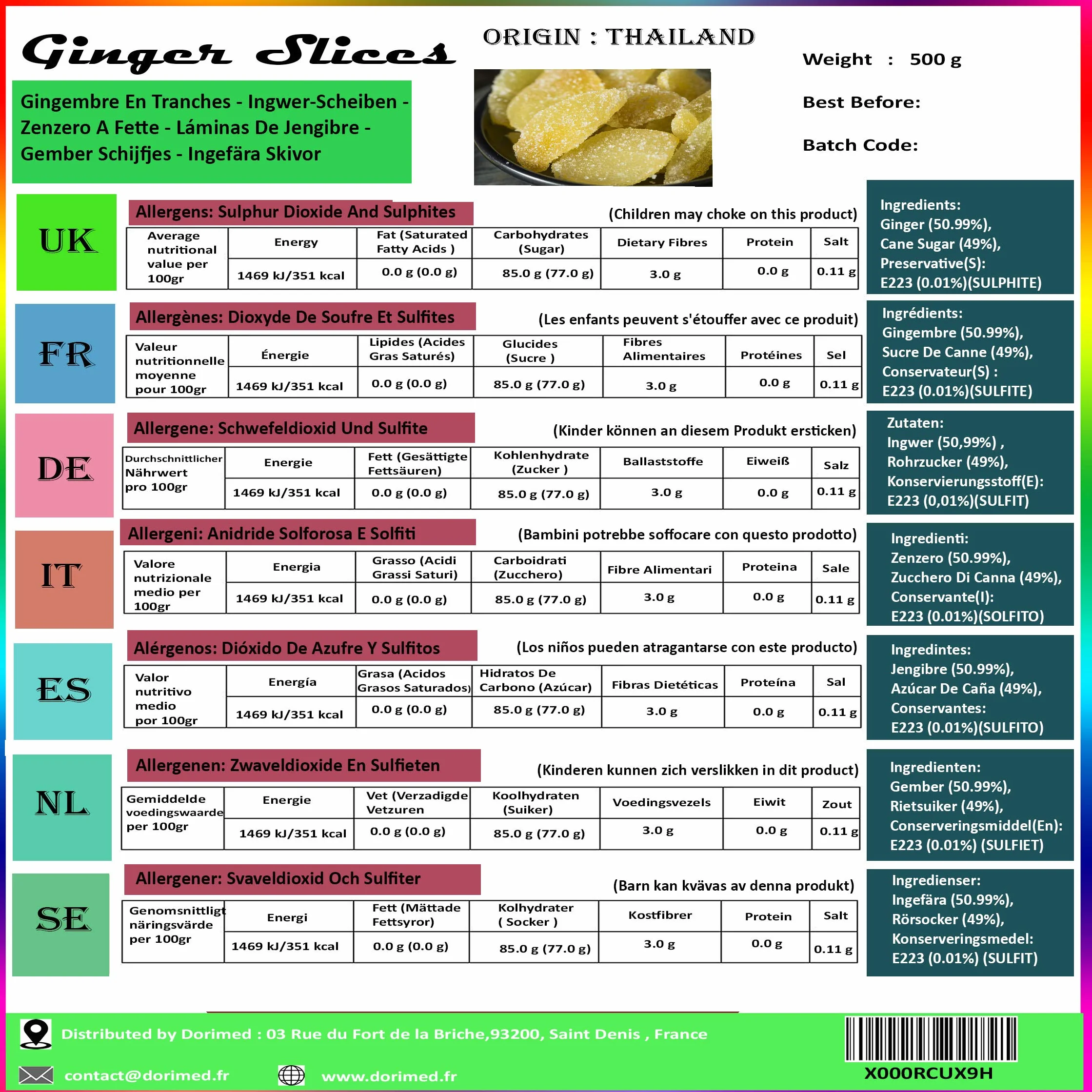 gingembre cristallisé 500g | Gingembre confit en lamelles | Gingembre en Tranches de | Gingembres séchés sucrés | Collation sucrée | IDÉAL pour les recettes | Végétariens et végétaliens | Dorimed