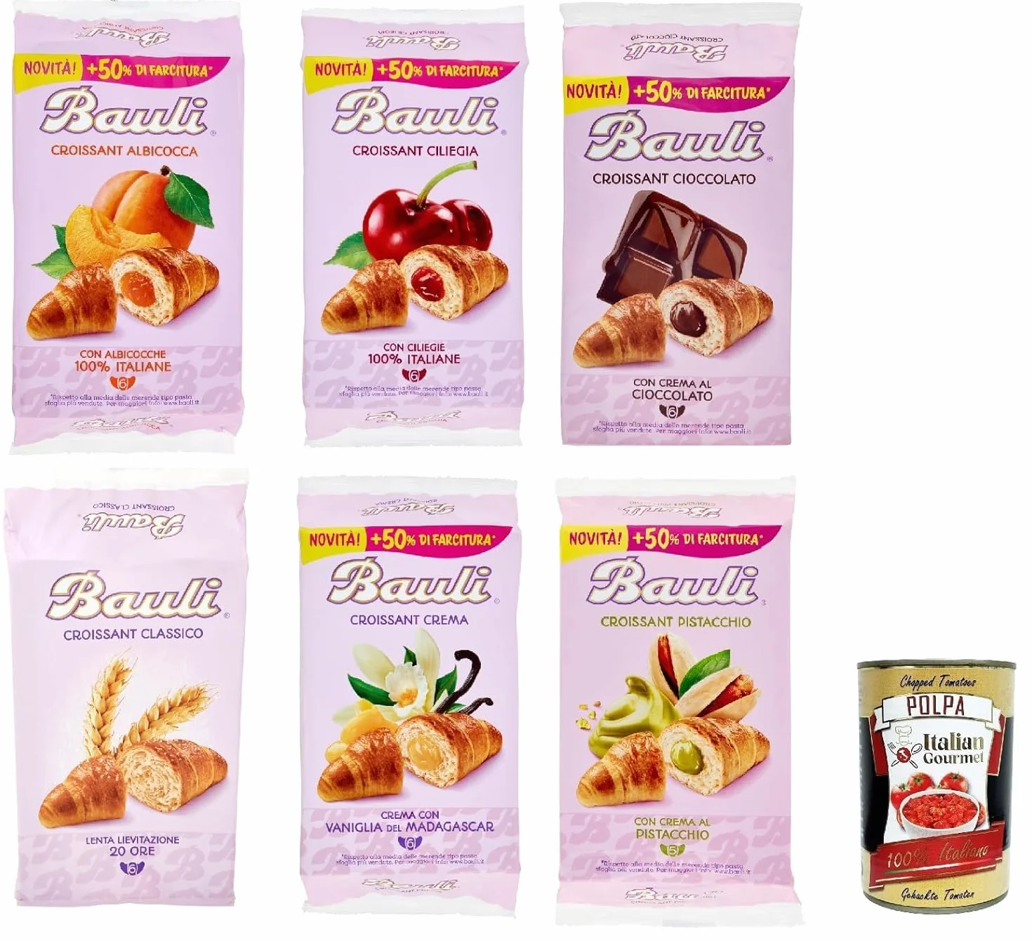 Italian Gourmet Assortiment Croissants Bauli – 6 Parfums (Abricot, Cerise, Chocolat, Crème Vanille, Pistache, Classique) – Goûter & Petit Déjeuner – Lot Mixte Moelleux + Italian Gourmet Polpa