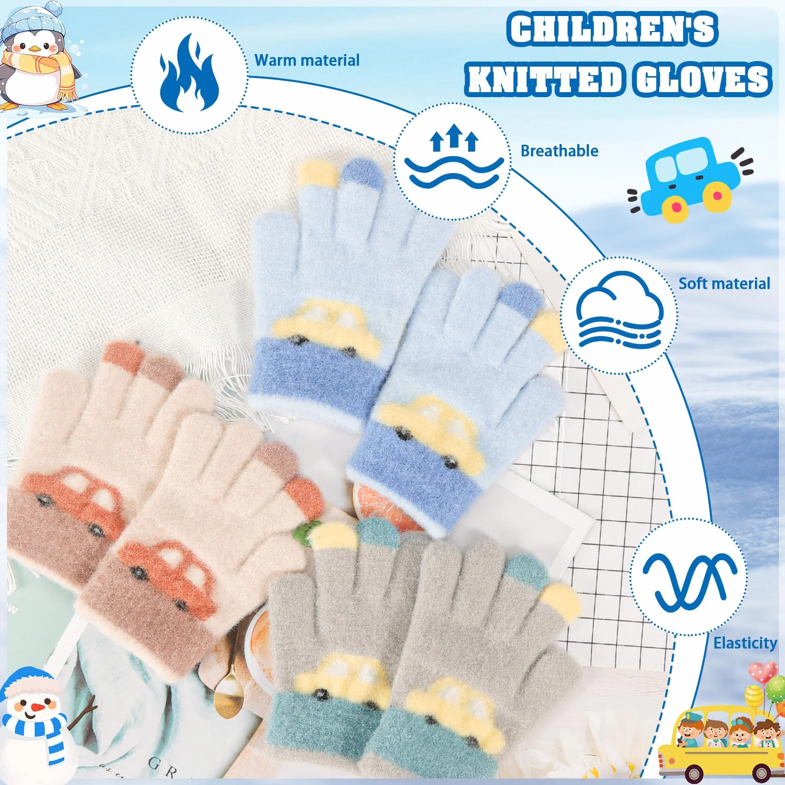 Lot de 3 paires de gants magiques pour enfants motif voiture, gants tricotés chauds et élastiques, mitaines d'hiver, 2-5 ans