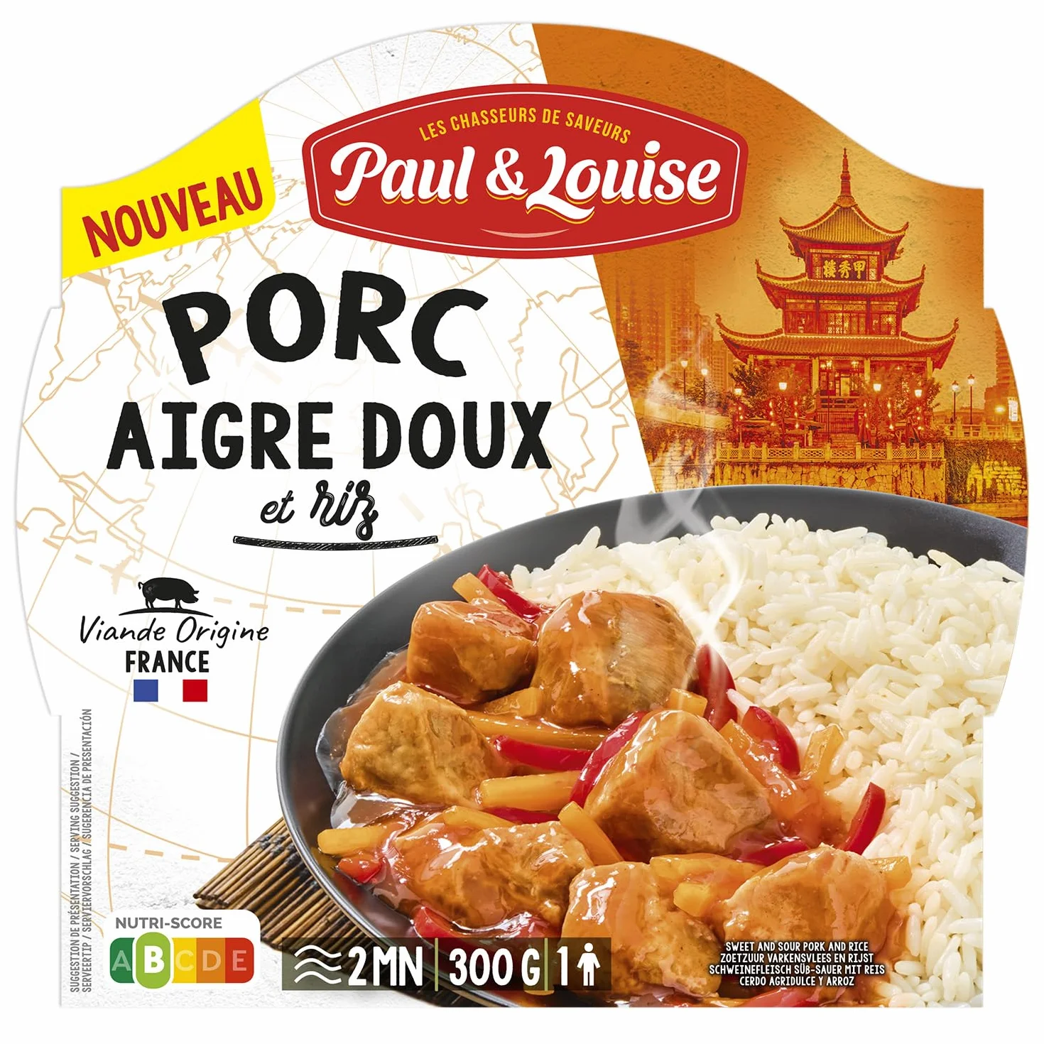 Paul & Louise Porc Aigre-Doux & Riz 300g – Plat Cuisiné Saveurs Asiatiques – Repas Prêt à Déguster – Barquette Micro-Ondable – Longue Conservation - Rayon Epicerie