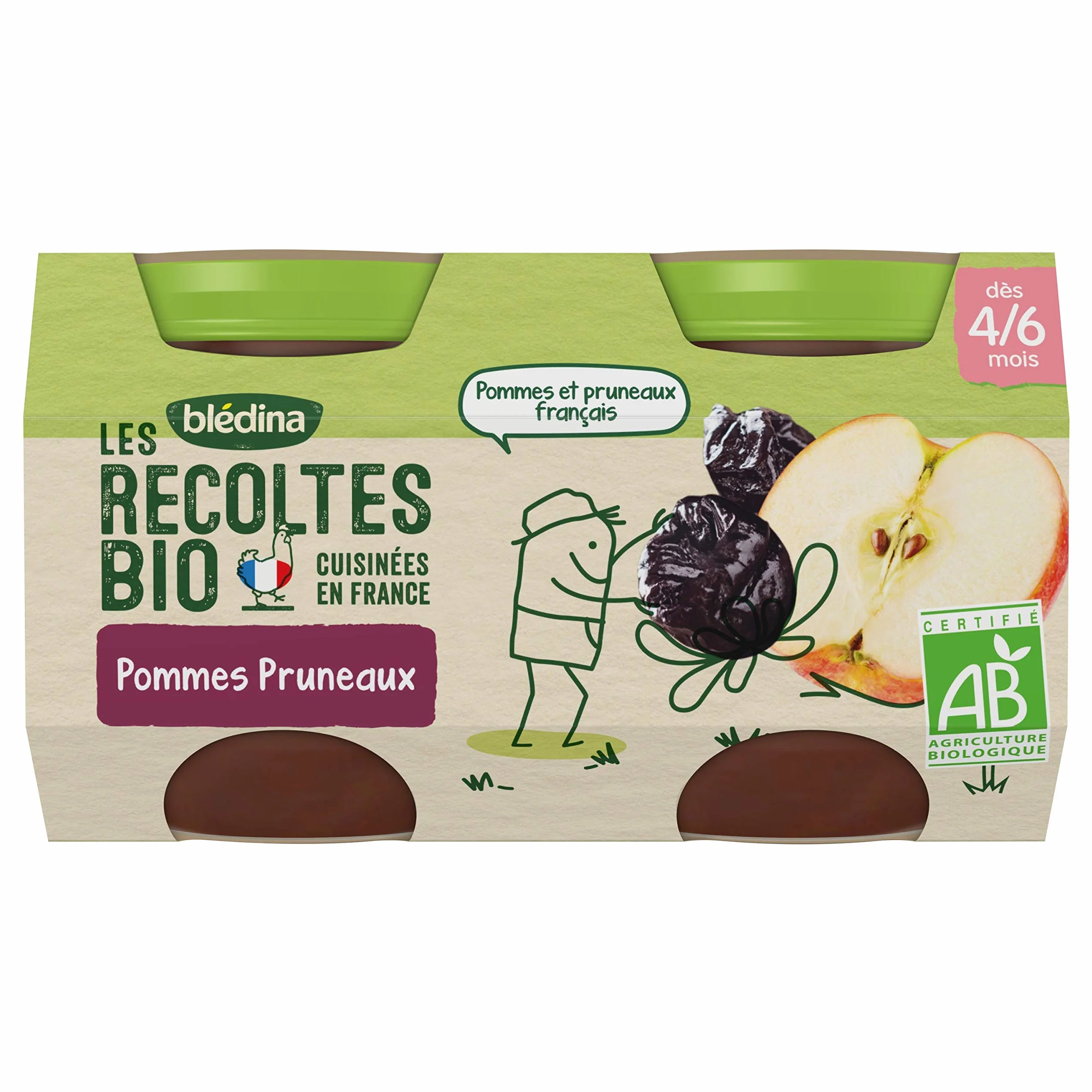 Blédina Les Récoltes Bio, Petits pots bébé Bio dès 4/6 Mois, Pommes Pruneaux, 2x130g (Packx12)