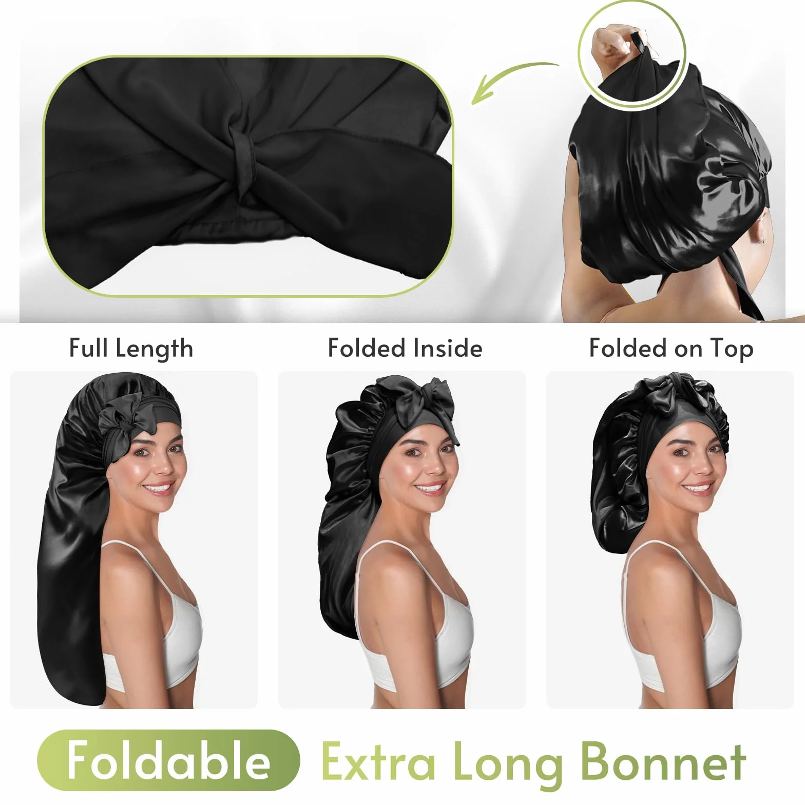 BONNET QUEEN Bonnet Satin Cheveux Longs Nuit Anti-Glisse avec Long Bandeau Réglable, Protection Anti-Frisottis pour Cheveux Très Longs, Noir