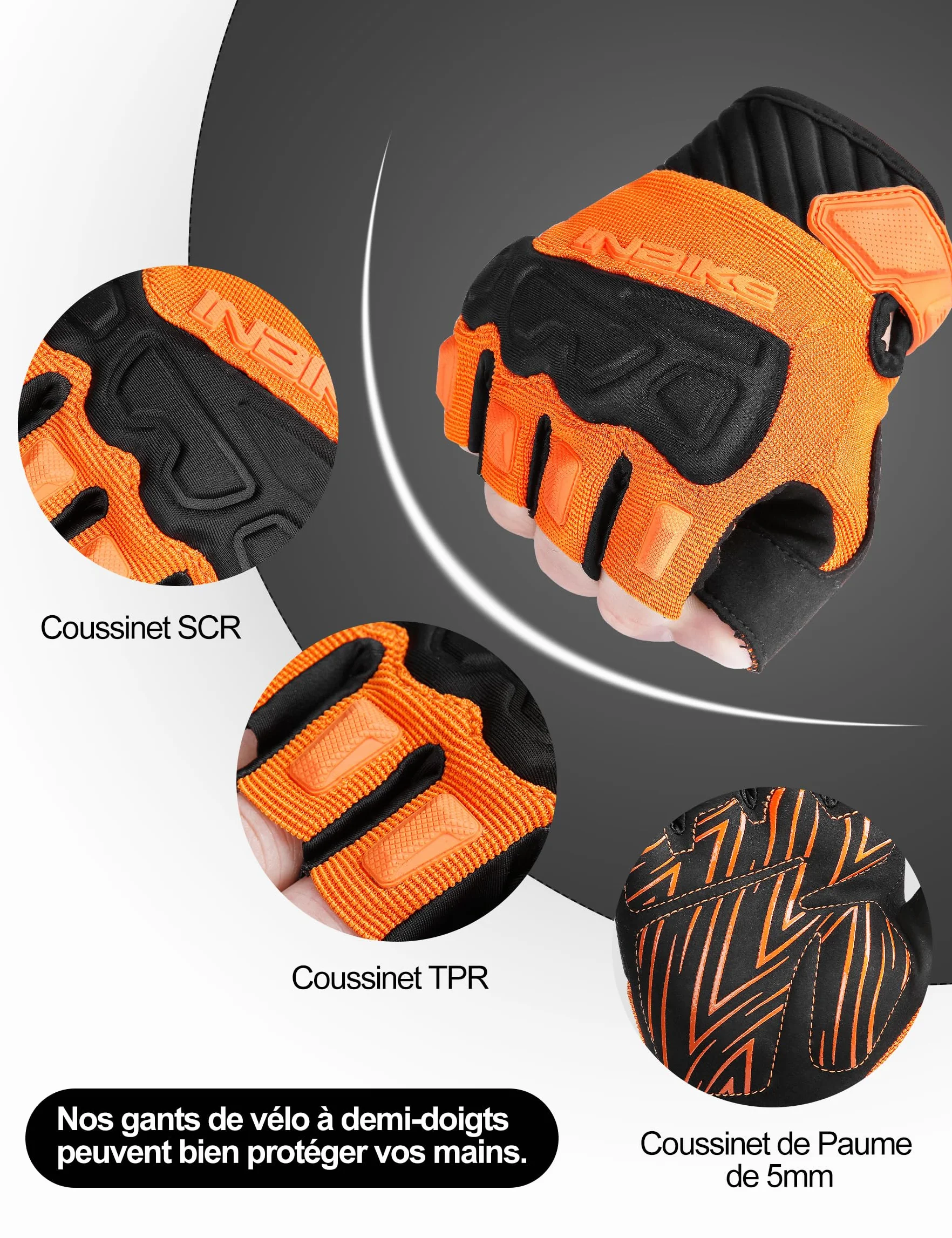 INBIKE Gants de Cyclisme Demi-Doigts MTB VTT Rembourré Mitaines été Antichocs Antidérapants Respirant