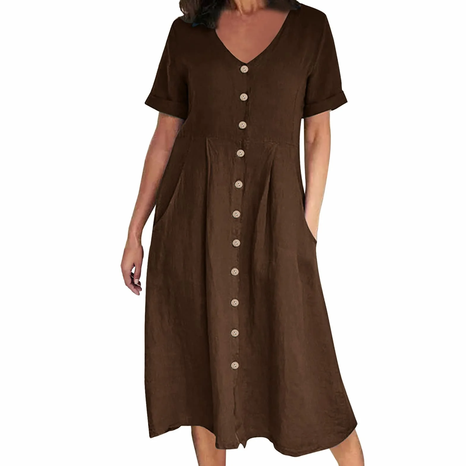 Robe Chemise Longue Femme Été Coton Lin Manche Courte Chic