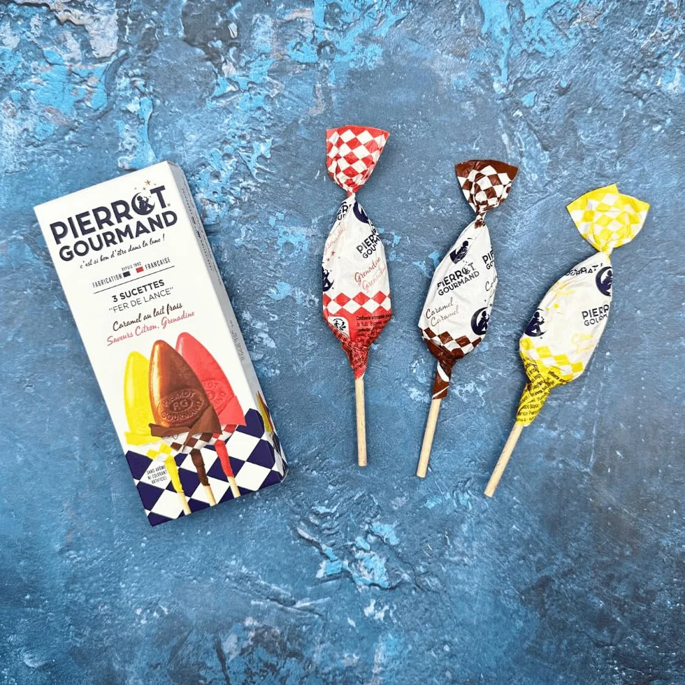 Pierrot Gourmand - Etui 3 sucettes - Fer de lance - Caramel au lait frais, citron et grenadine