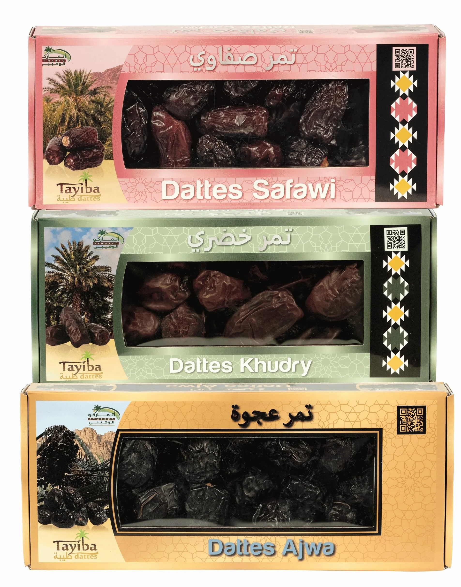 Coffret Dattes Premium Tayiba – Ajwa, Khudry & Safawi – Dattes de Médine – Qualité Supérieure d’Arabie Saoudite – 900g (3x300g)