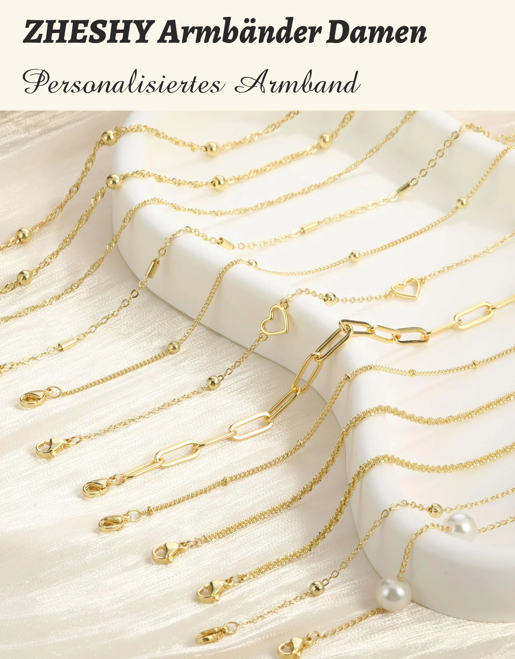 Bracelet Femme Argent Or Plaqué Or 14k Réglable Empilable Coeur Perle 16cm+5cm
