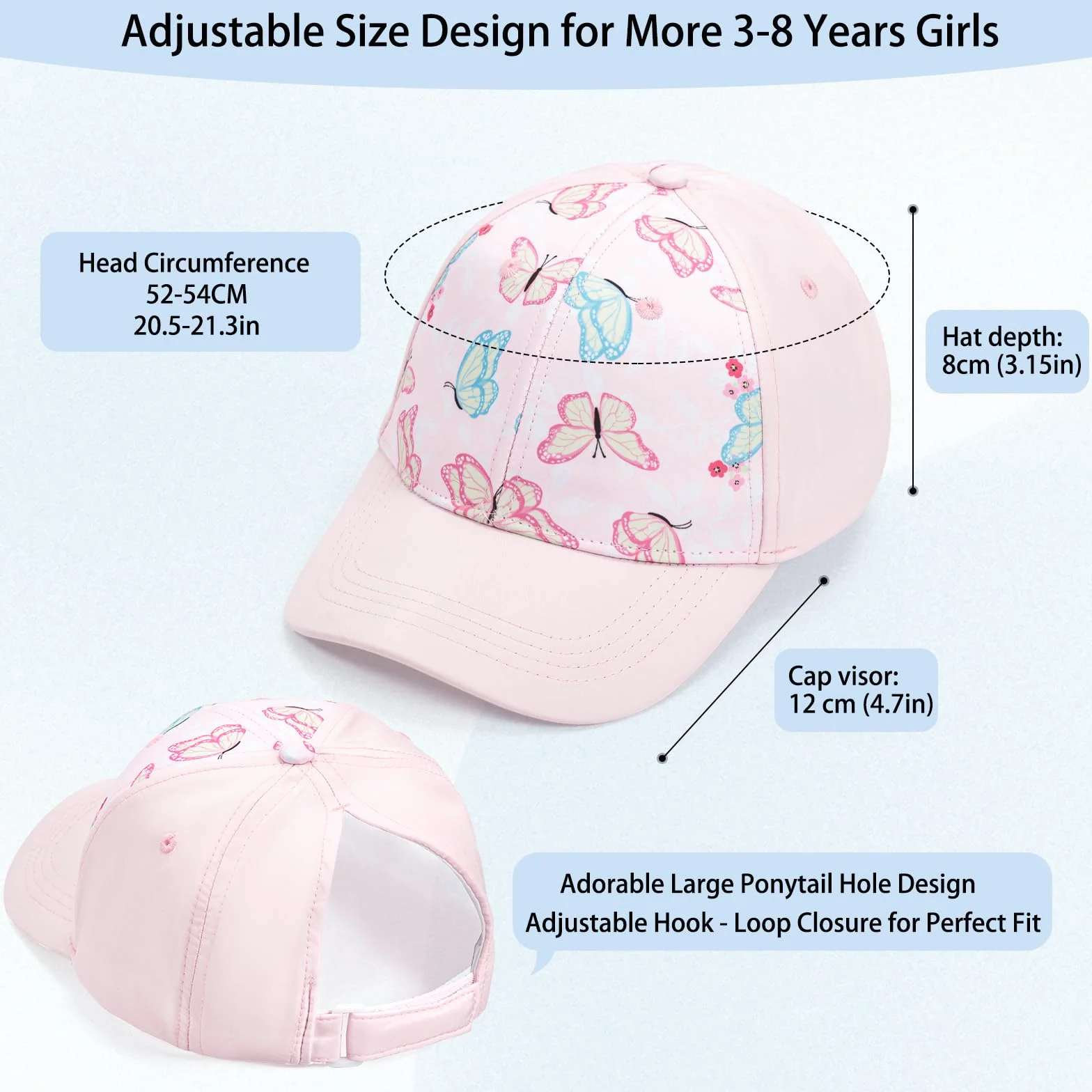 Casquette Enfant Fille Queue de Cheval Baseball Scratch Visière Courbée 53cm