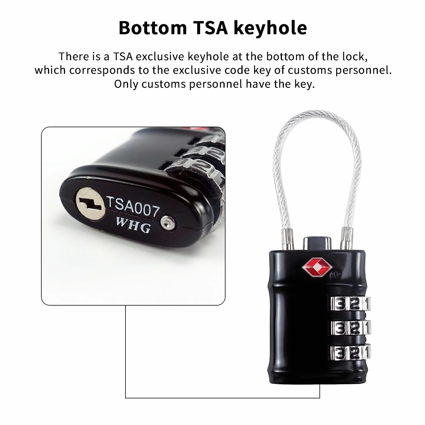 QUMOX Cadenas à câble TSA - Cadenas à combinaison 3 chiffres - Cadenas de voyage pour valise, alliage, noir