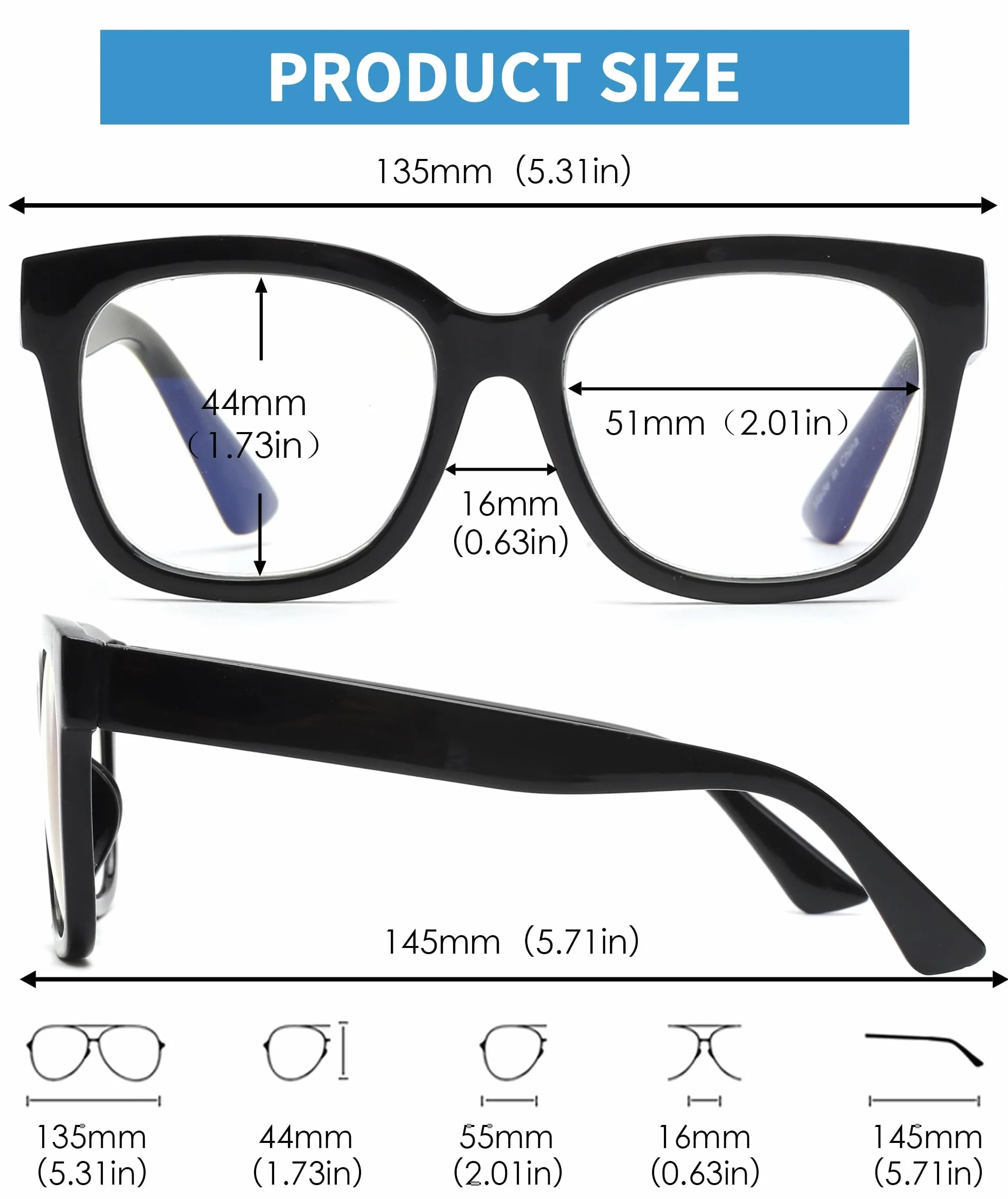 Lot de 3 Montures de Lunettes Carrées Surdimensionnées Anti-Lumière Bleue