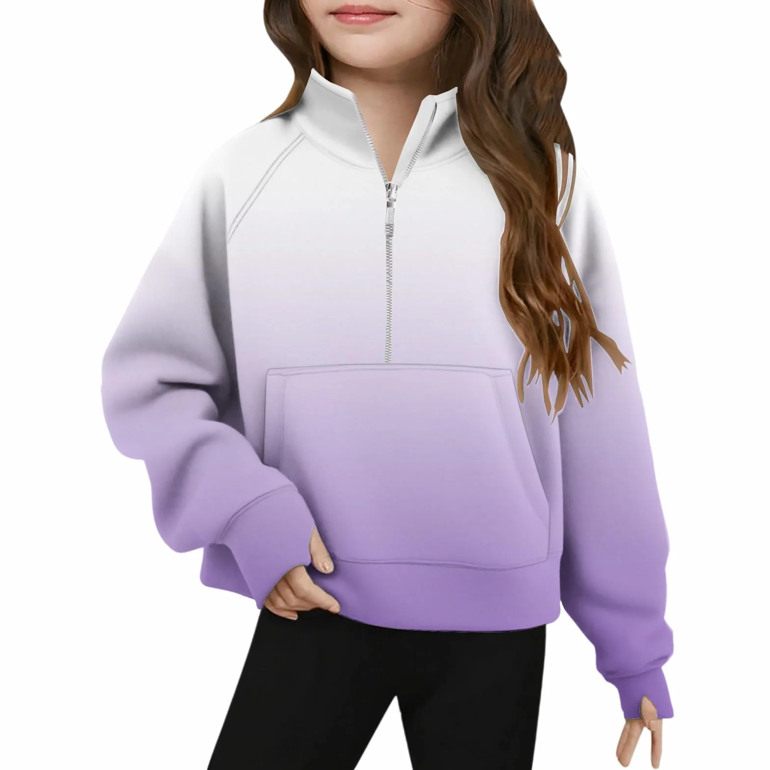 Sweat-shirt à manches longues pour filles avec demi-fermeture éclair - Haut court tendance Y2K - Pull dégradé chaud avec trou pour le pouce