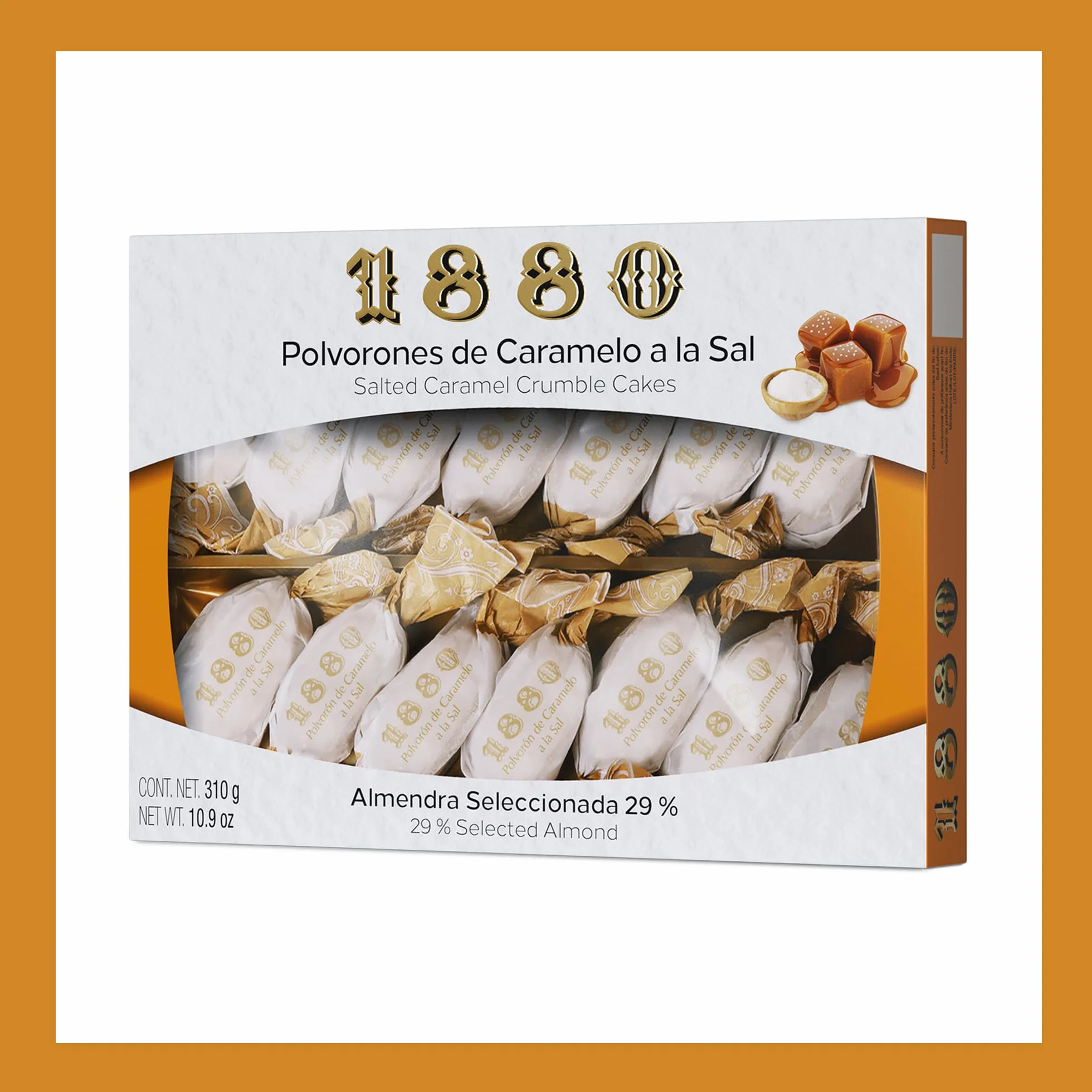 1880 - Sablés Caramel Salé, Qualité Suprême, Douceur typique de Noël, Recette Artisanale, Boîte Unique, Polvorones Traditionnels, Fabriqués avec des Amandes Sélectionnées, 280 Grammes