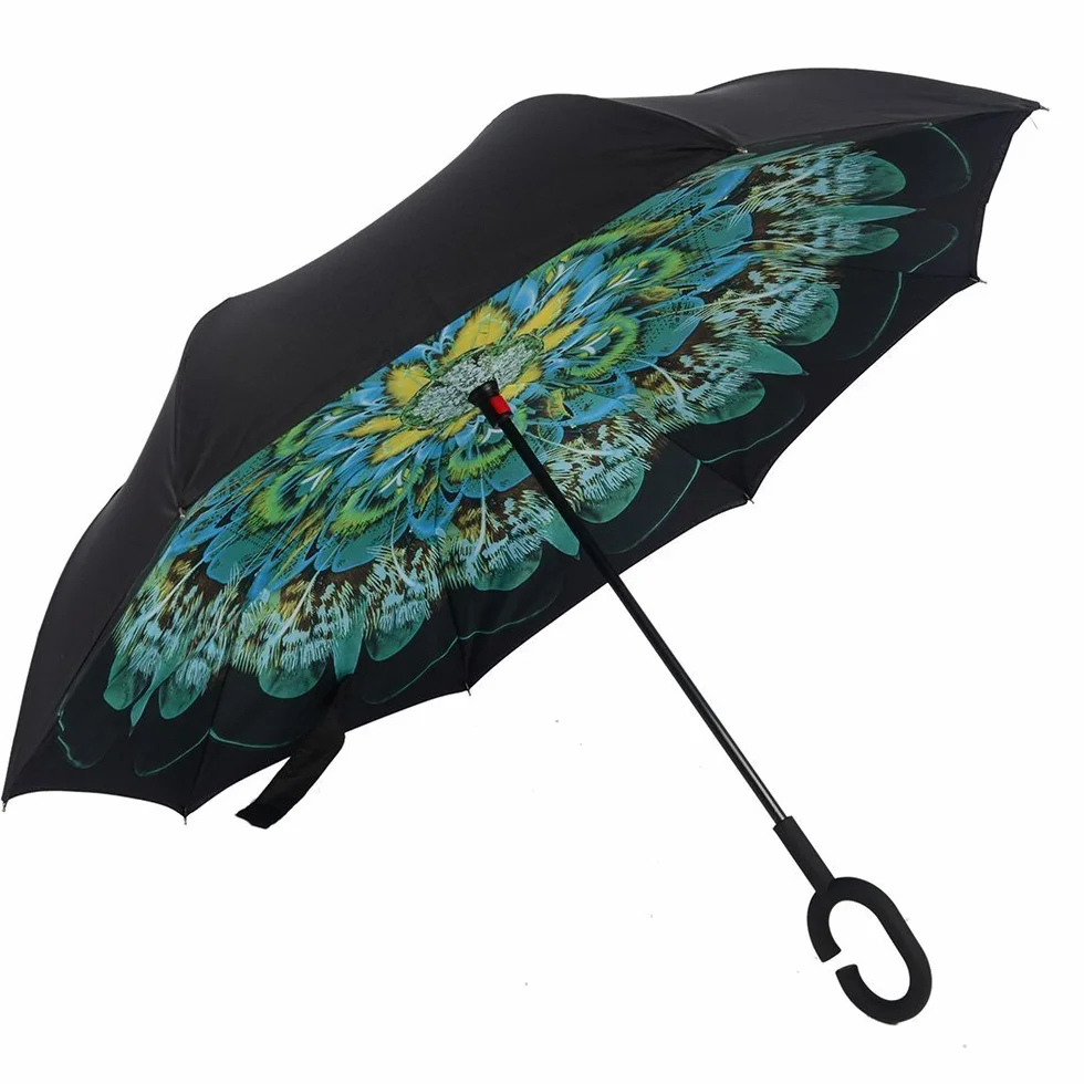 Parapluie Inversé Mains Libres Poignée Forme C Double Couche Coupe-Vent Anti-UV Voyage Voiture