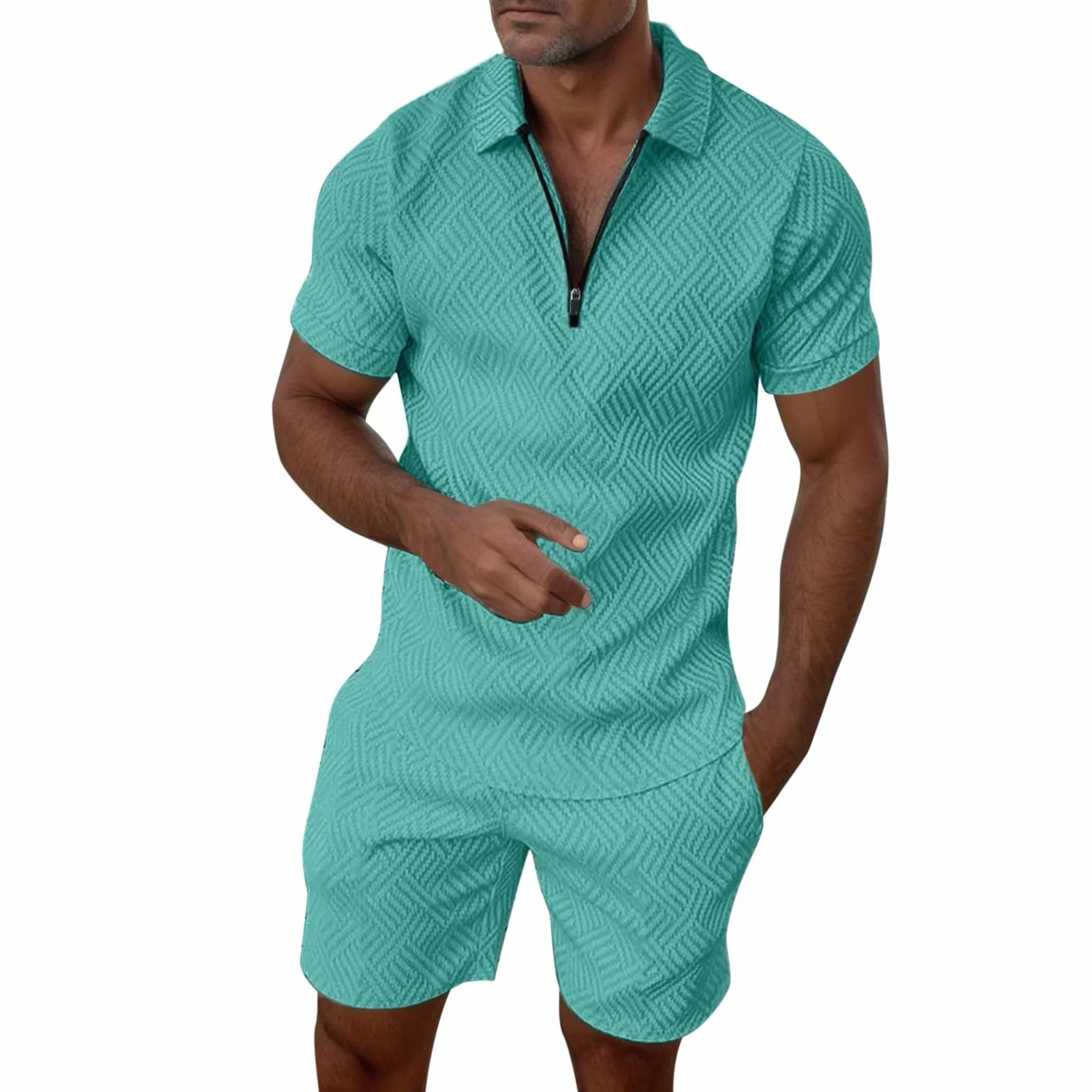 Ensemble Homme T-Shirt Manches Courtes Fermeture éclair Short 2 Pièces Couleur Unie Baggy Sportswear Survêtement Jogging