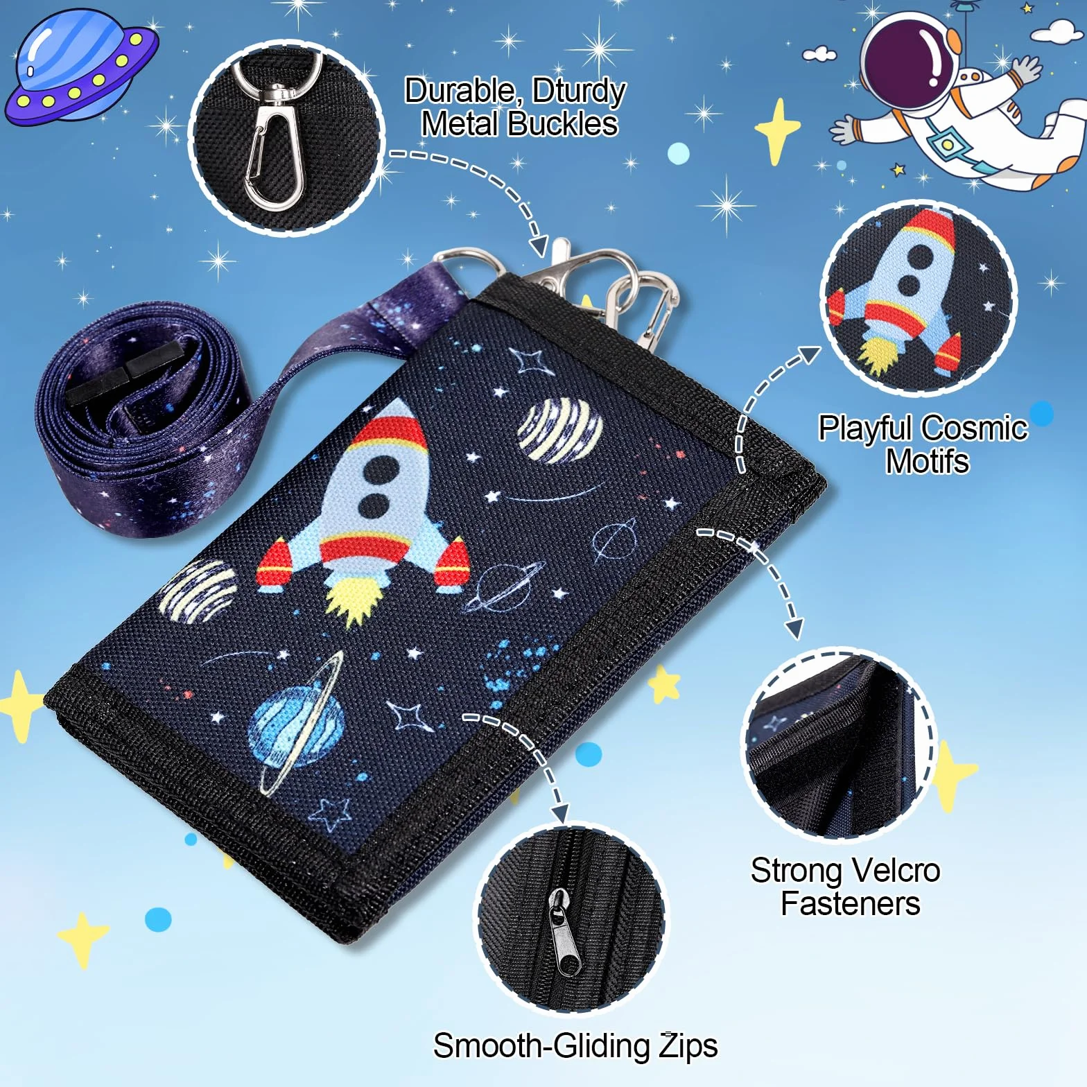 Porte Monnaie Enfant Fusée Sac Tour de Cou avec Lanière Porte-Clés Portefeuille Garçon 3 Volets Cadeau Noël