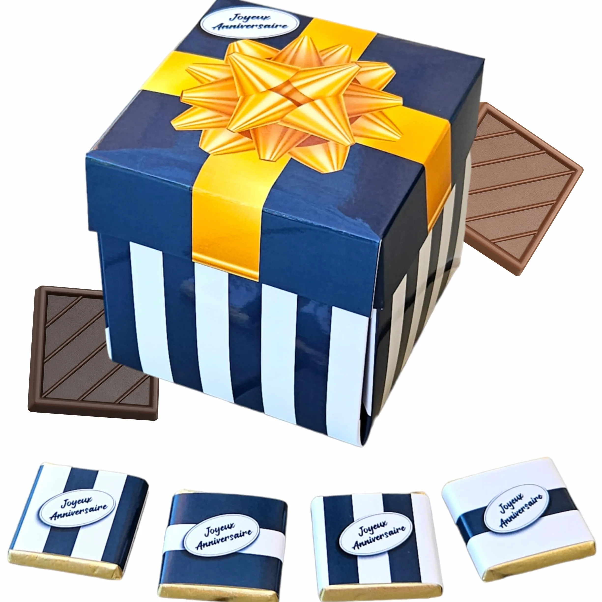 Boîte de Chocolat a Offrir pour Anniversaire - Coffret de 40 Carrés de Chocolat Individuelss au Lait et Noir - 100% Pur Beurre de Cacao - Fabriqué en France - Couleur Bleu - 200 Gr