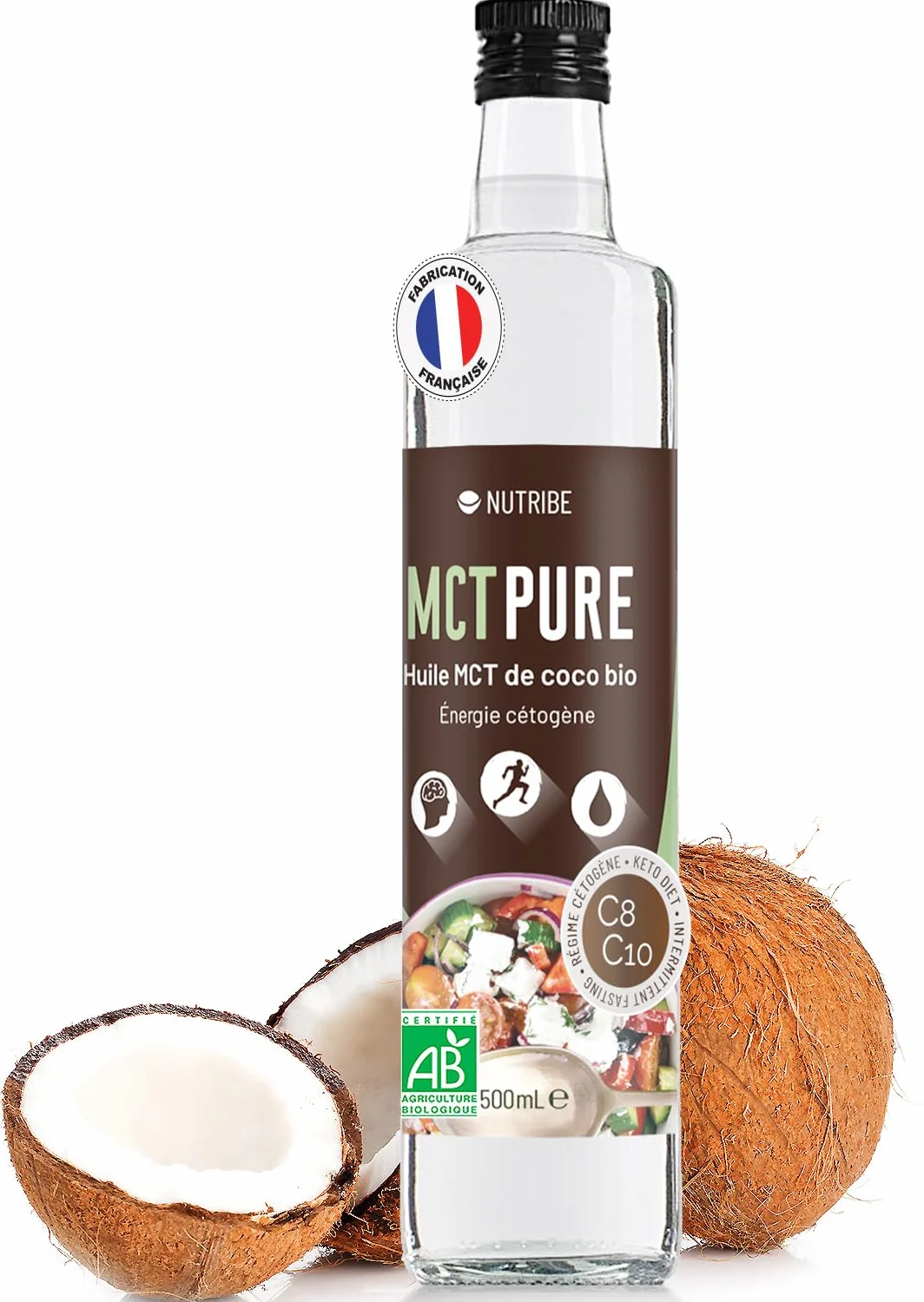 Huile MCT Pure C8 C10 BIO 100% Pure par Distillation | Nutribe Laboratoire en France | Concentration, Bien-Être cérébral, Intestin, Soutien du Métabolisme