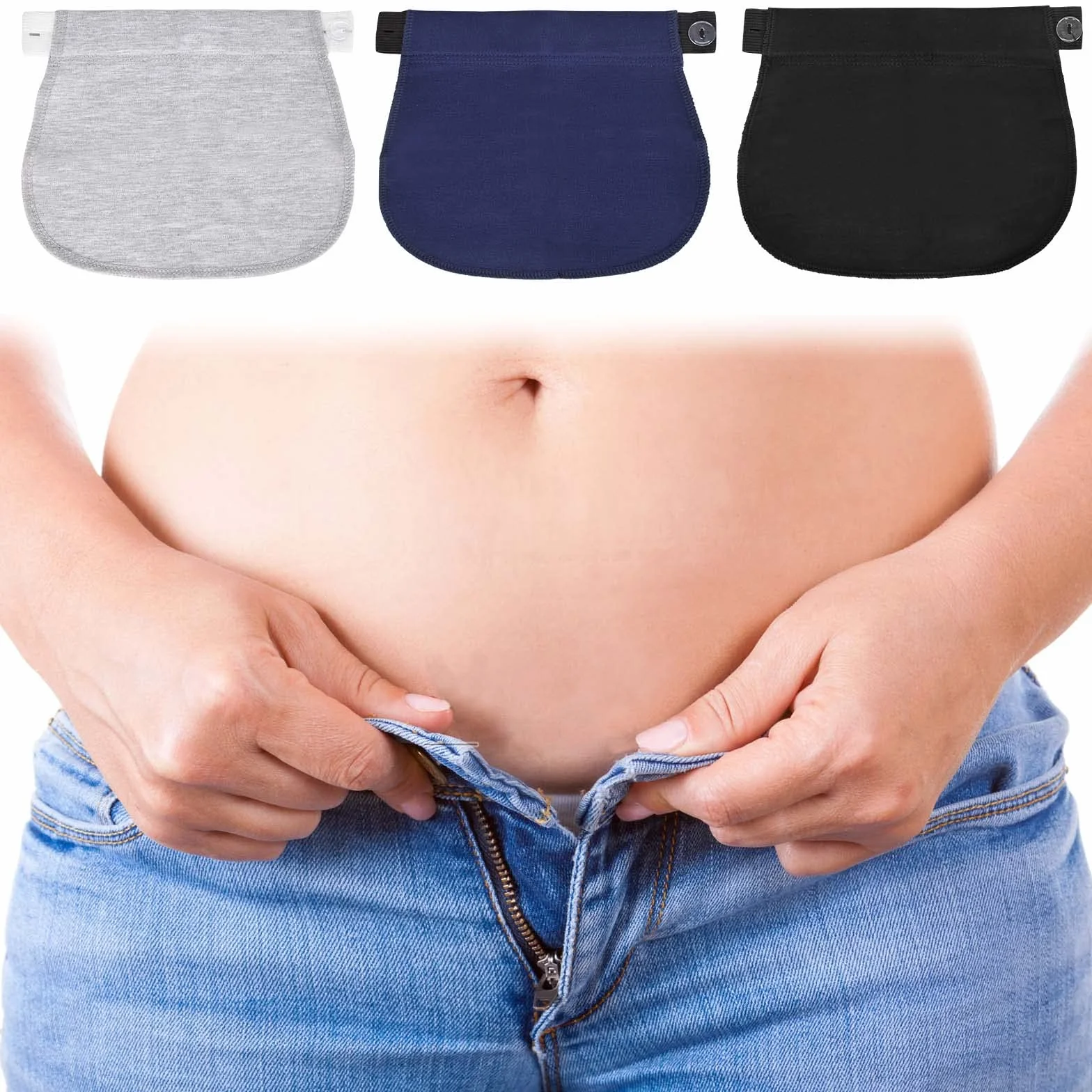 Extenseur Pantalon Ajustables pour Femmes Enceintes, Extensions de Bouton Pantalon Maternité, Extension de Ceinture Réglable, Bleu foncé+Noir+Gris
