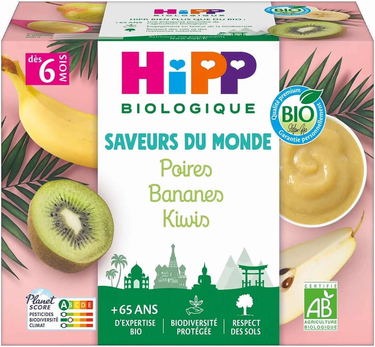HiPP - Saveurs du Monde - Poires Bananes Kiwis Coupelles - 4x100g - BIOLOGIQUE
