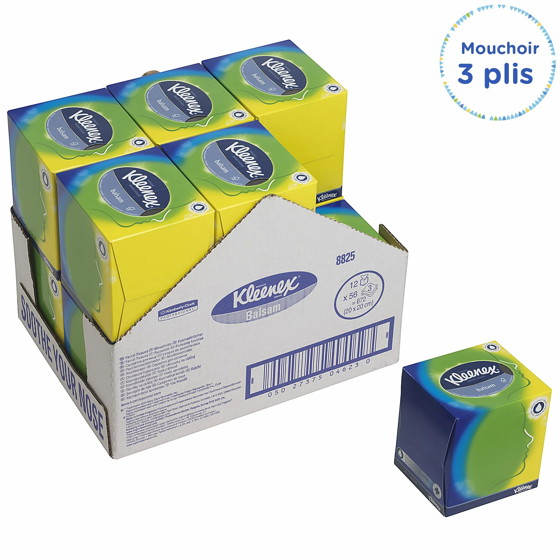 Kleenex Mouchoirs en Boîte Cubique, 3 Épaisseurs, Blancs, Ultra Doux, Absorbants, Sans Parfum, 12 Boîtes x 56 Mouchoirs (672 au Total), article 8825