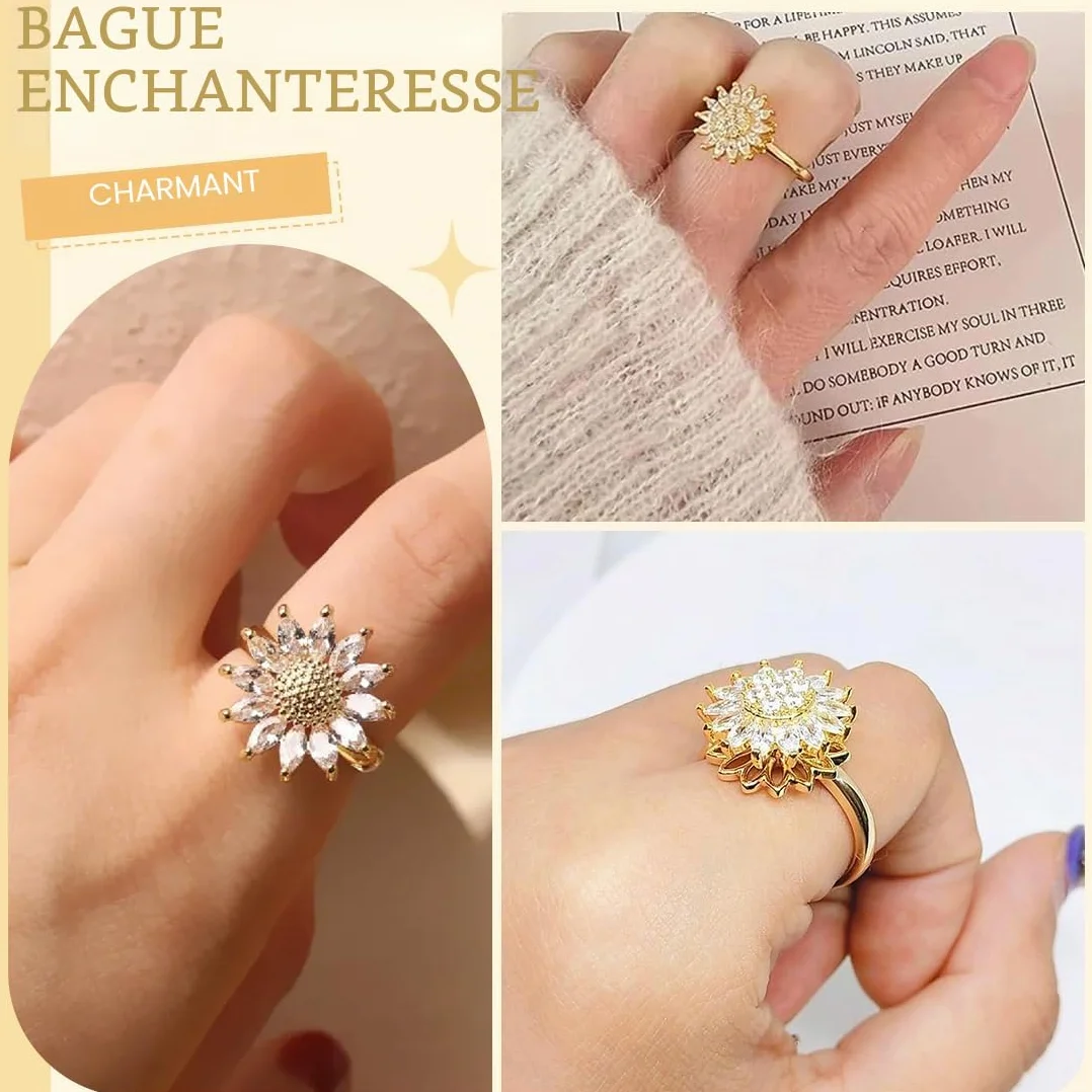 Bague Anti-Stress Femme Tournante Tournesol Strass Dorée