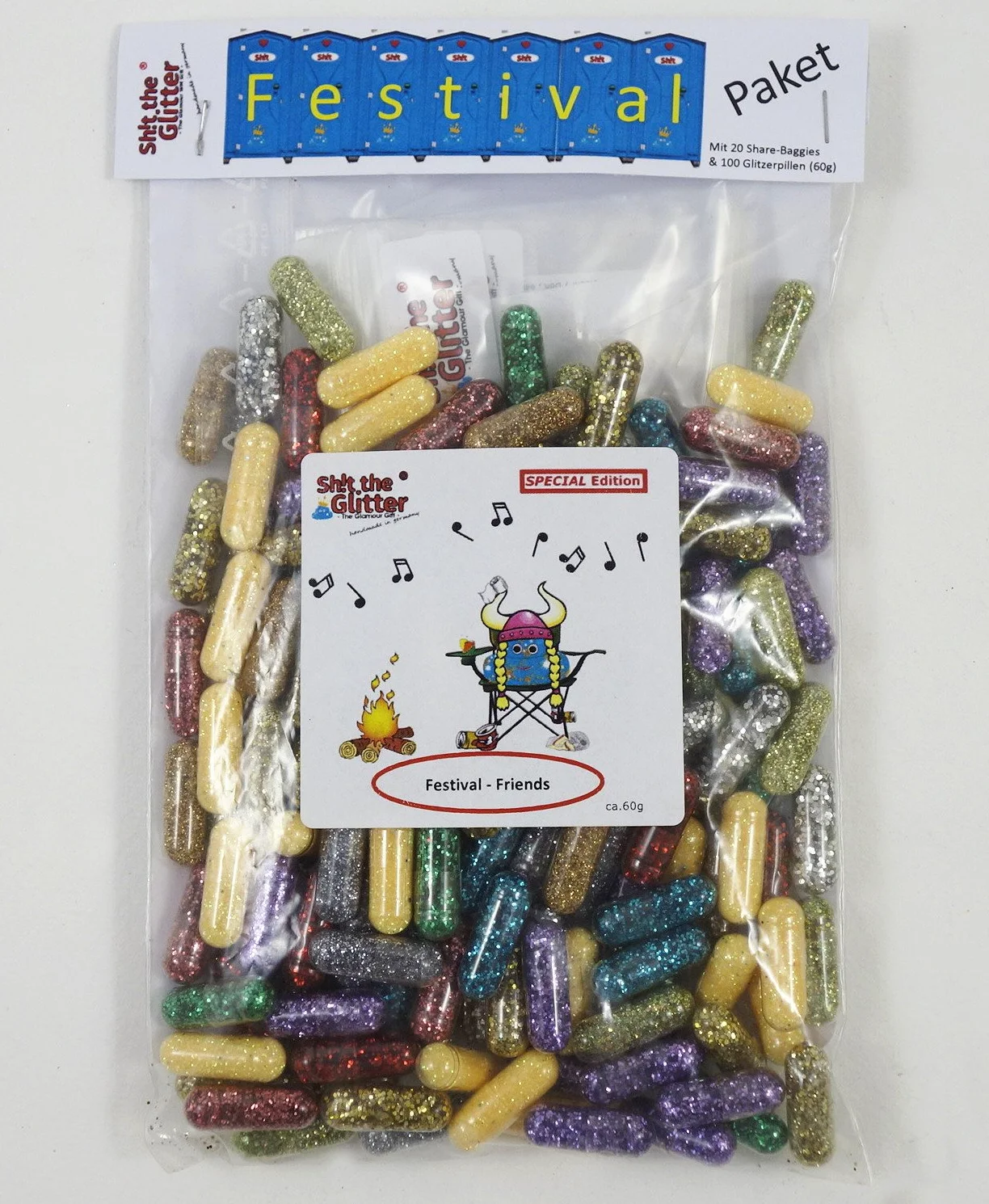 Shit The Glitter Paquet de 60 g de pilules à paillettes pour l'été et le plaisir de votre vie. Rendez les toilettes plus colorées, aide à la motivation, article amusant, plaisir de festival, produit