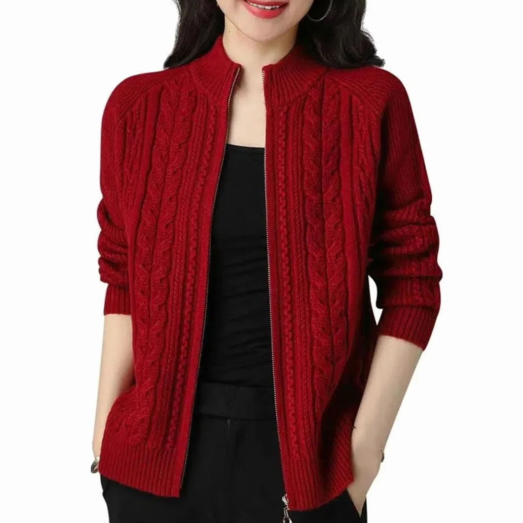 Cardigan Tricoté Femmes Demi-Col Haut Fermeture Éclair Manches Longues