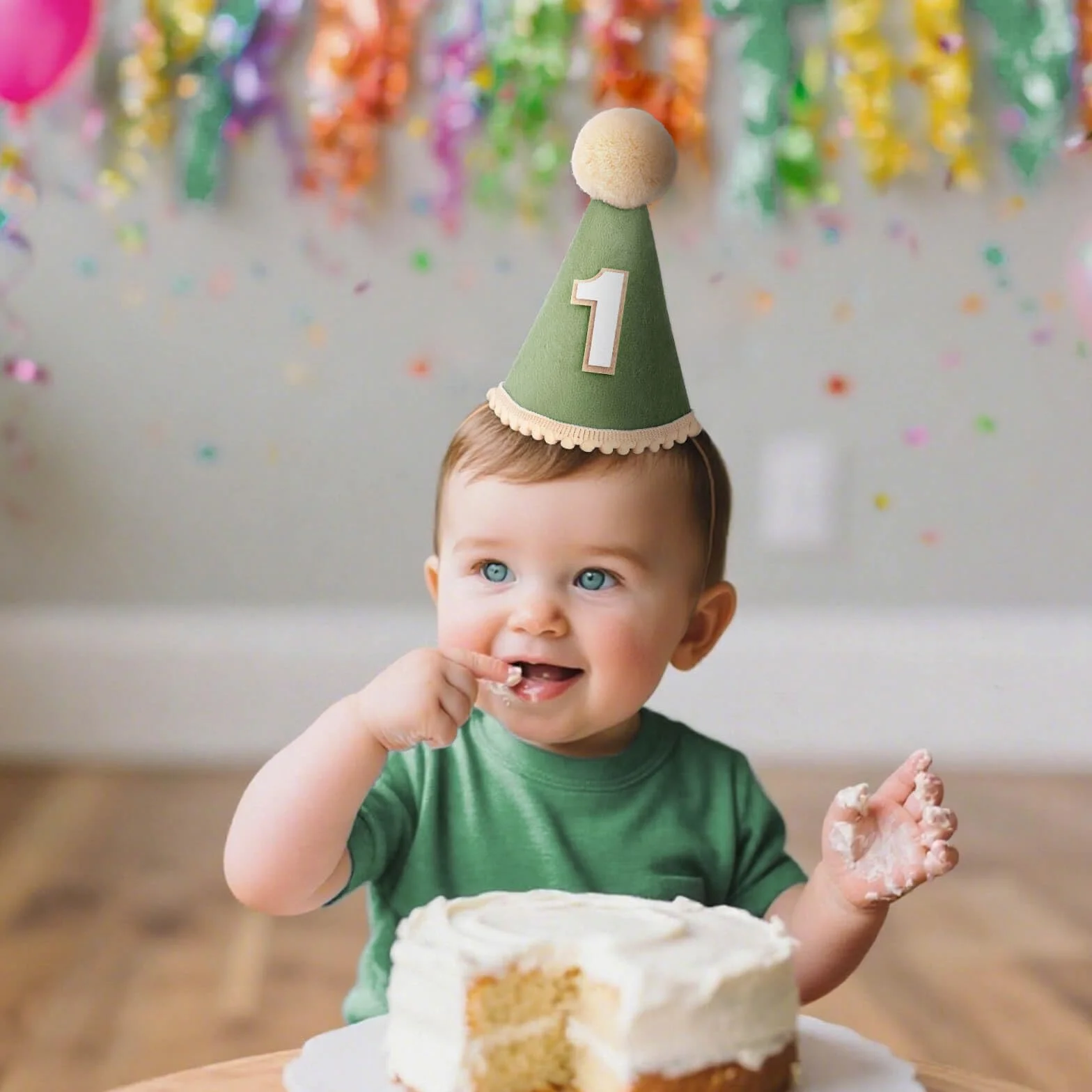 DRESHOW Chapeau Anniversaire Bébé 1 an Chapeau Pointu avec Pompons Accessoires Photo Cake Smash