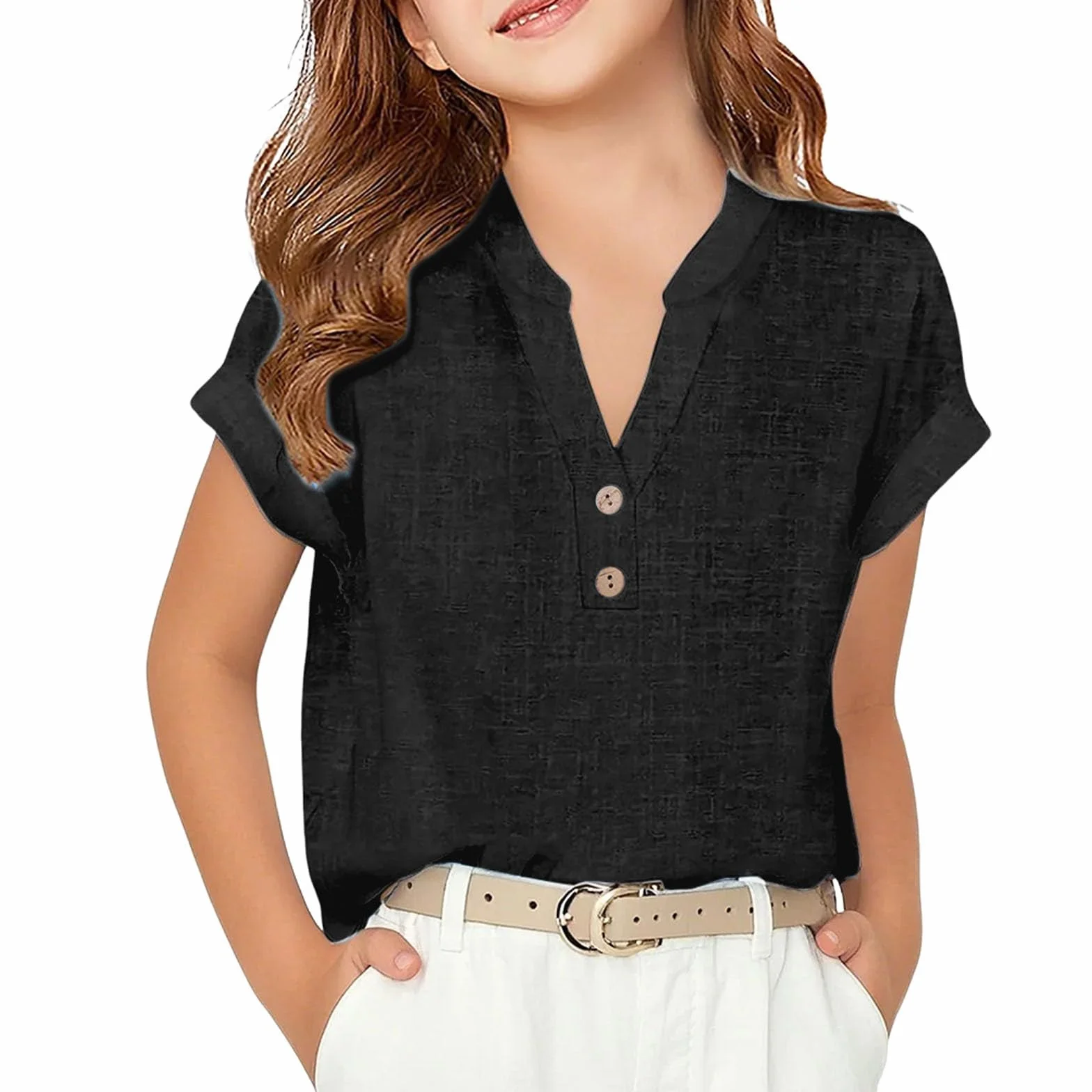 T-shirt à manches courtes en lin uni pour filles col à revers tunique d'école 2025
