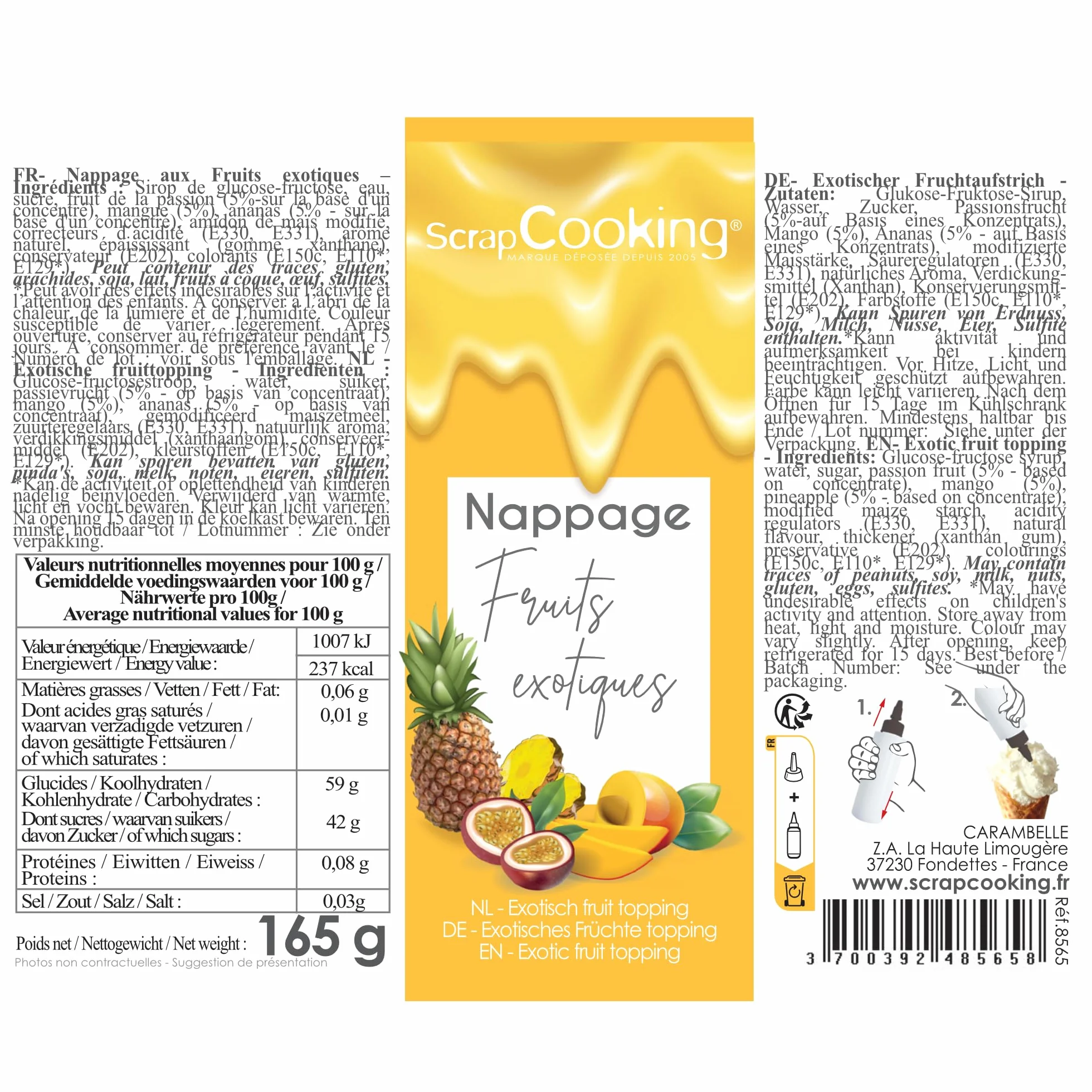 ScrapCooking - Nappage Fruits Exotiques 165 g - Flacon Squeezer - Pour Topping & Décoration Gâteaux, Glaces, Yaourts, Crêpes & Gaufres - Déco Alimentaire Pâtisserie - 8565
