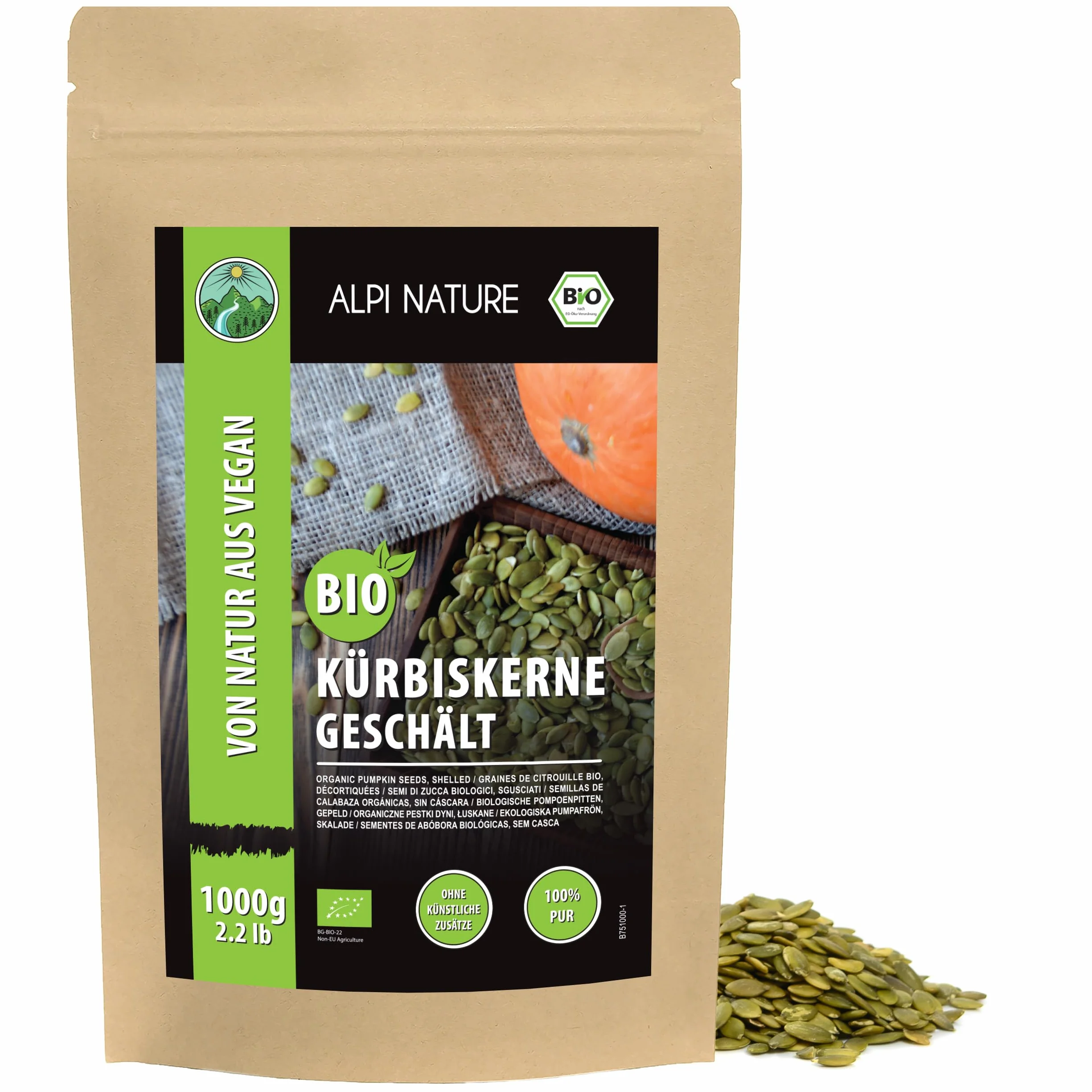 Alpi Nature Graine de Courge BIO 1kg, Graines de Courge Crues et Pelées pour Salades, Smoothies et Desserts