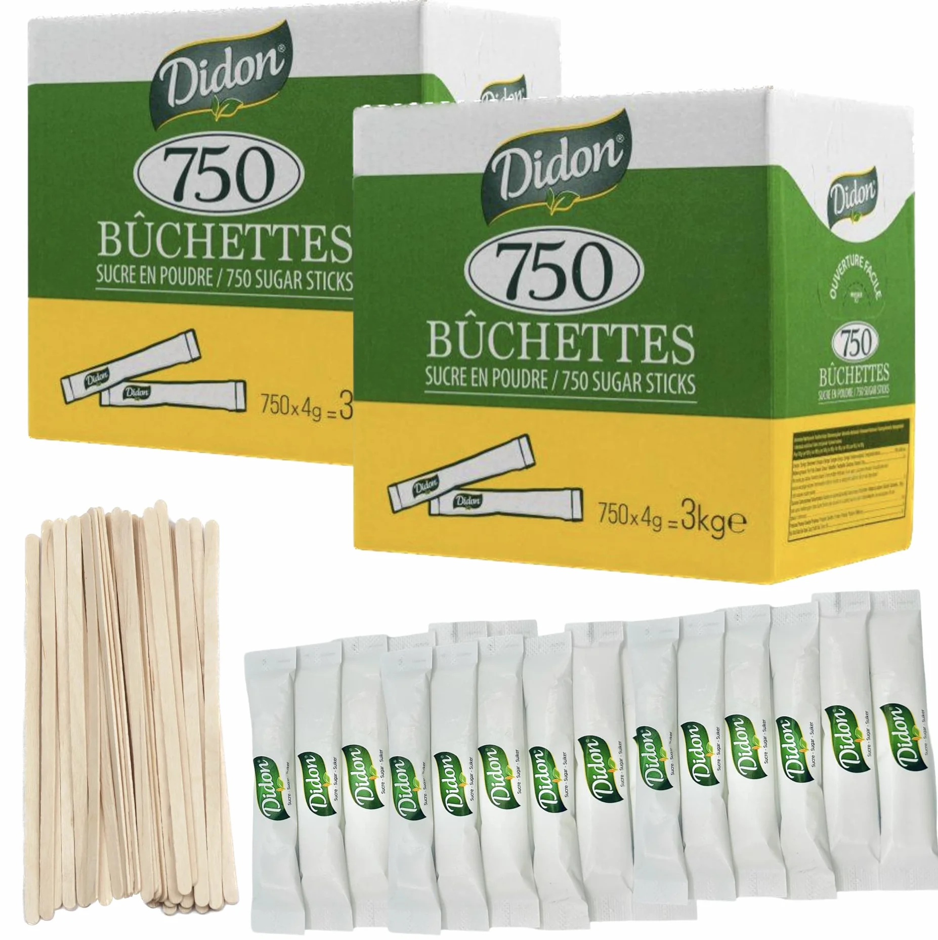 DIDON 6KG - Lot de 1500 Sachets (750 x 2) - Bûchettes de Sucre Individuels de 4g (TOTAL 6kg) avec un lot d'agitateurs en bois - Idéal pour les Boissons Chaudes, Cafés et Thés