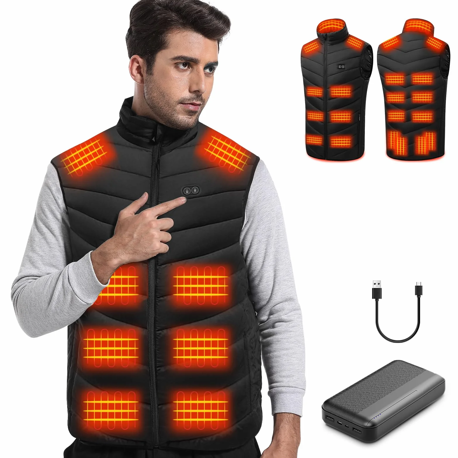 Veste Chauffante Homme 20 000 mAh 21 Zones Chauffage 3 Niveaux Réglables Lavable en Machine Gilet Ski Randonnée Moto L