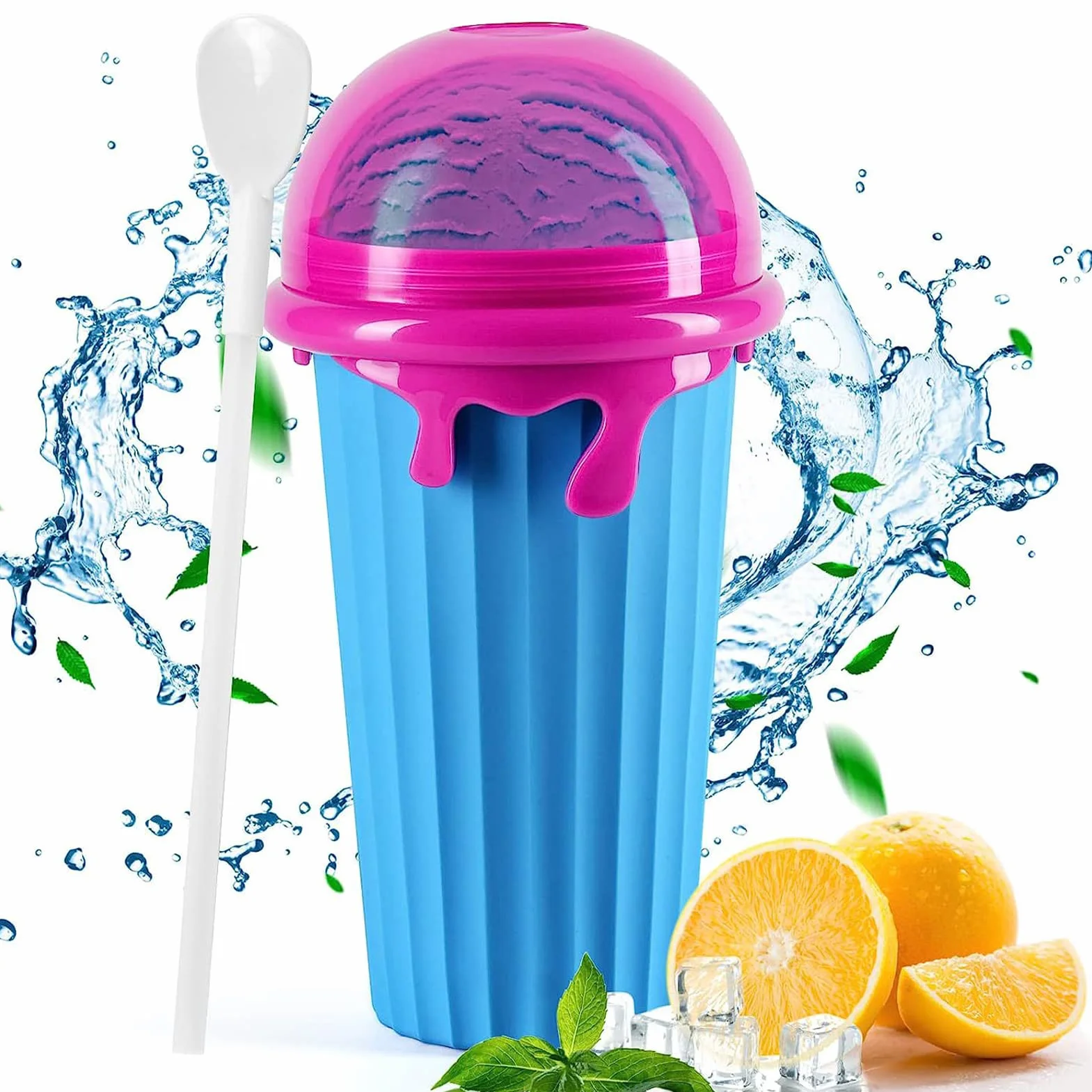 Gobelet à slush en silicone - Gobelet à presser - Gobelet à glace - Pour pétrir des smoothies congelés - Pour l'été - Avec cuillère à paille - Pour une délicieuse glace slush (bleu)