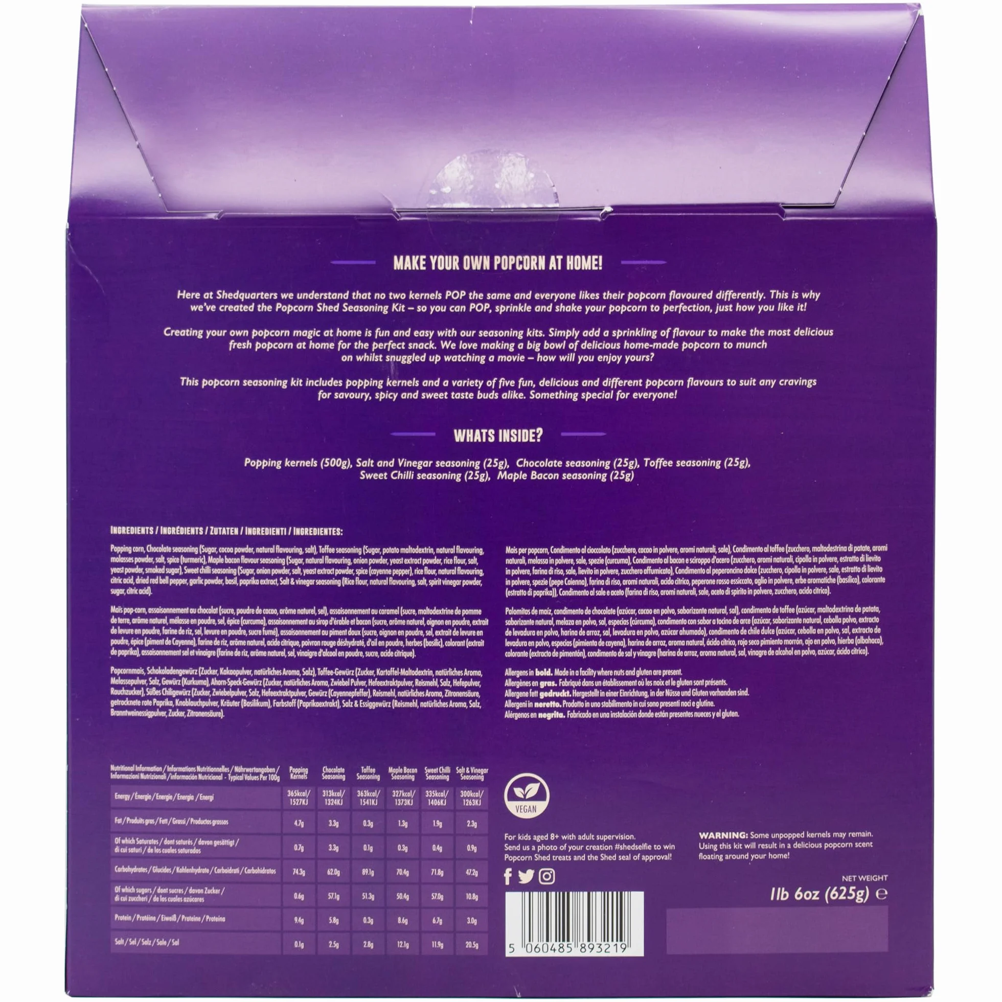 Kit de condiments pour pop-corn à faire soi-même Popcorn Shed pour soirée cinéma (5 condiments & 500g de grains à éclater) - Assaisonnements pour pop-corn sucrés et salés, snack facile et faible en