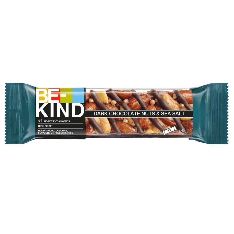 BE-KIND - Barres de Céréales - Chocolat Noir, Amandes & Sel Marin - Sans Gluten - Riches en Fibres - Grand Format - 12 x 40g