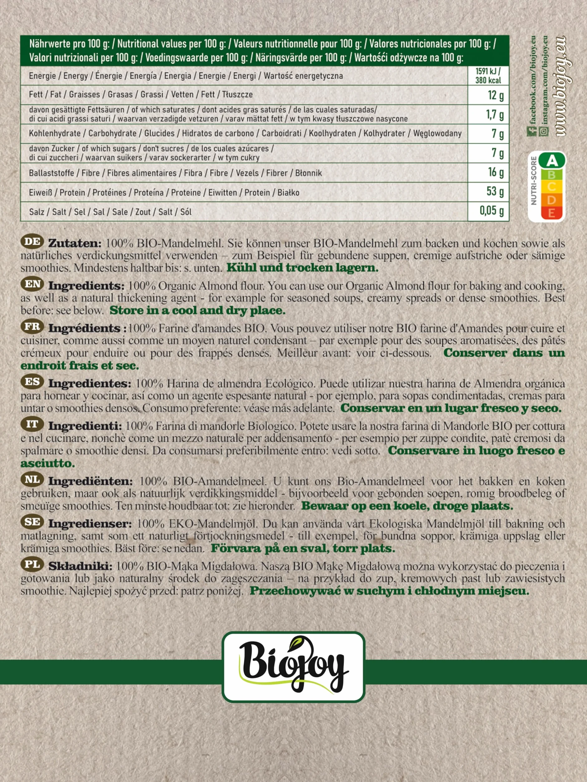 Biojoy Farine d’amandes BIO (1 kg), Amande moulue, sans additifs